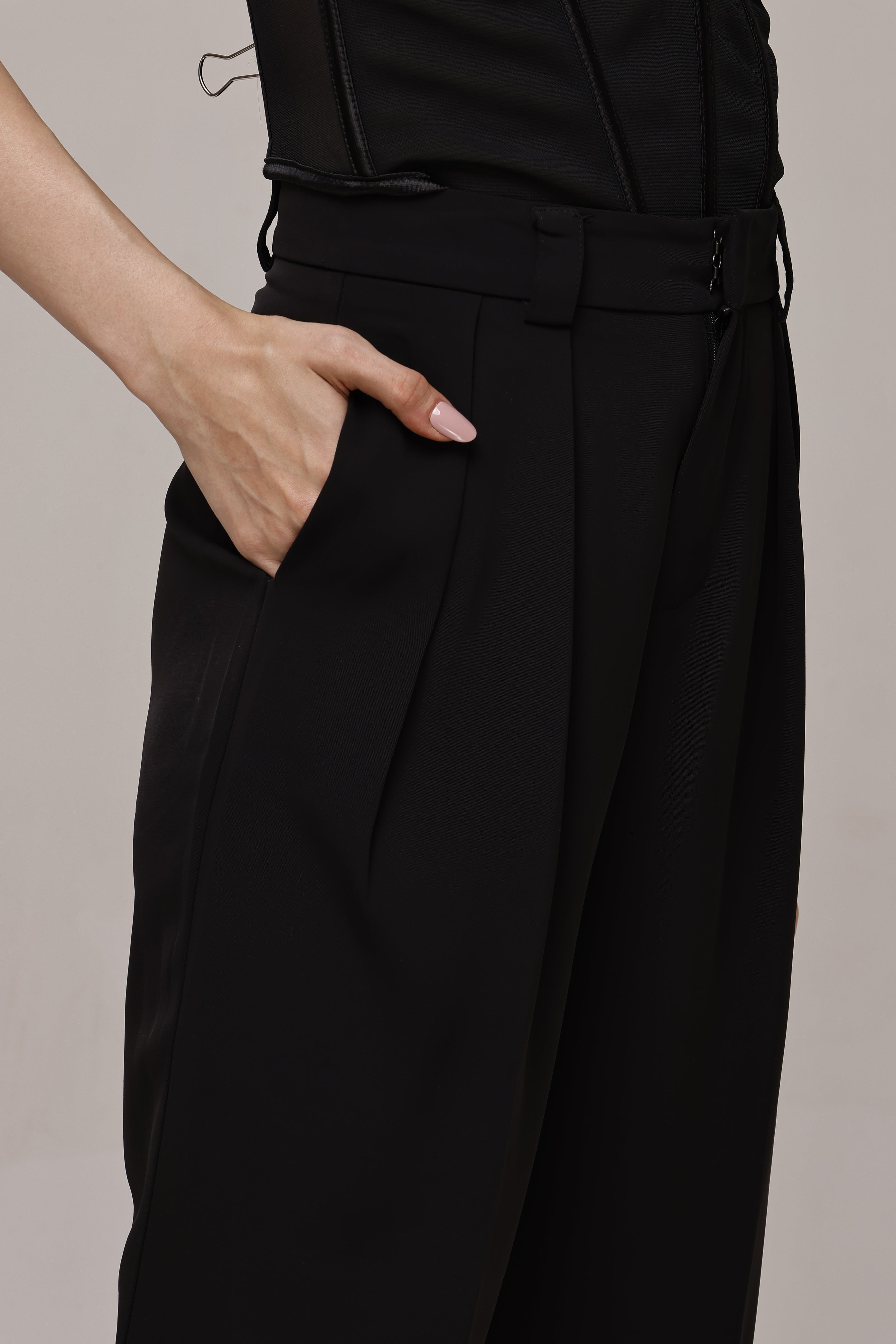 Solid high waist wide leg trouser pant