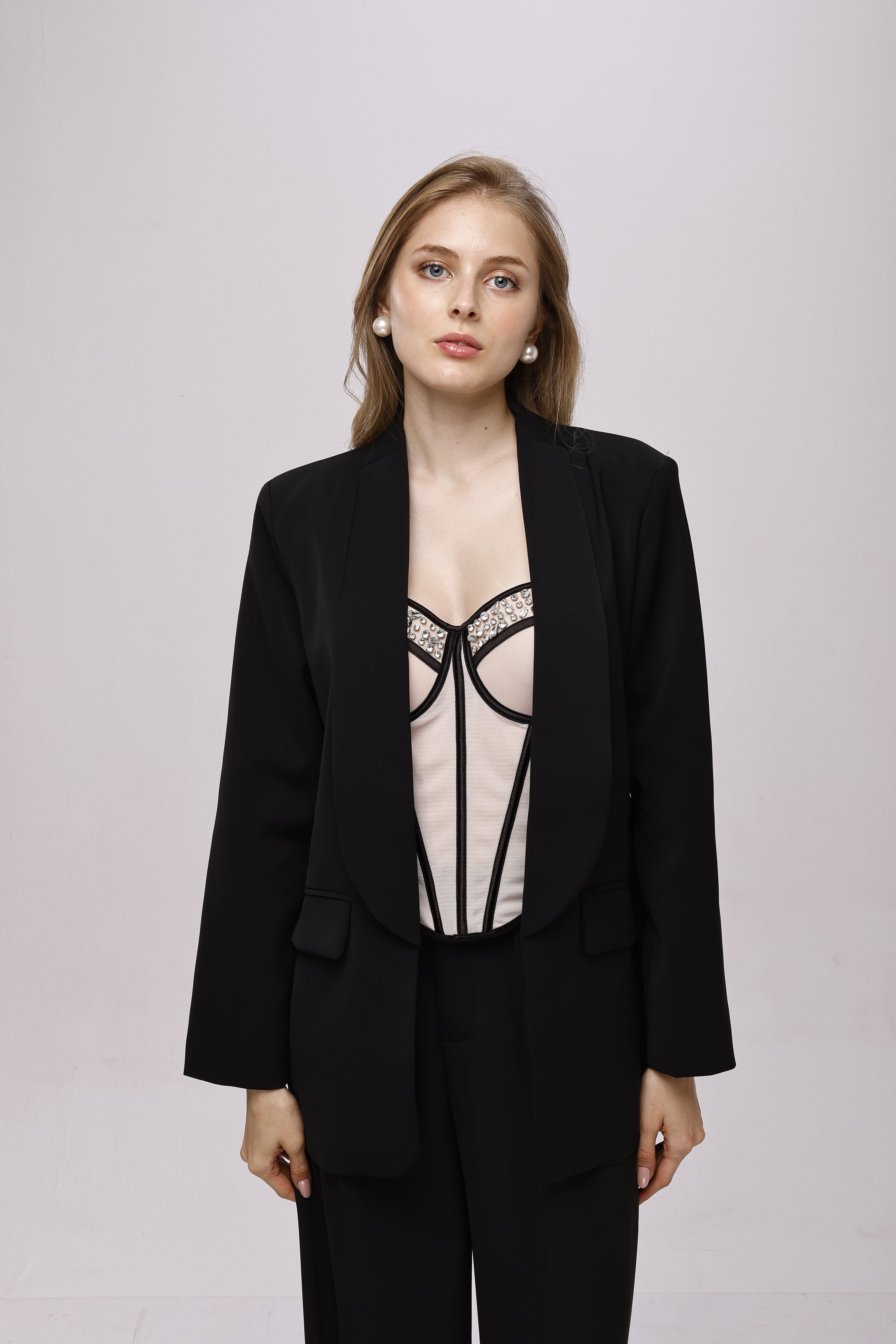 Solid fully lined shawl Collar long sleeve blazer Black