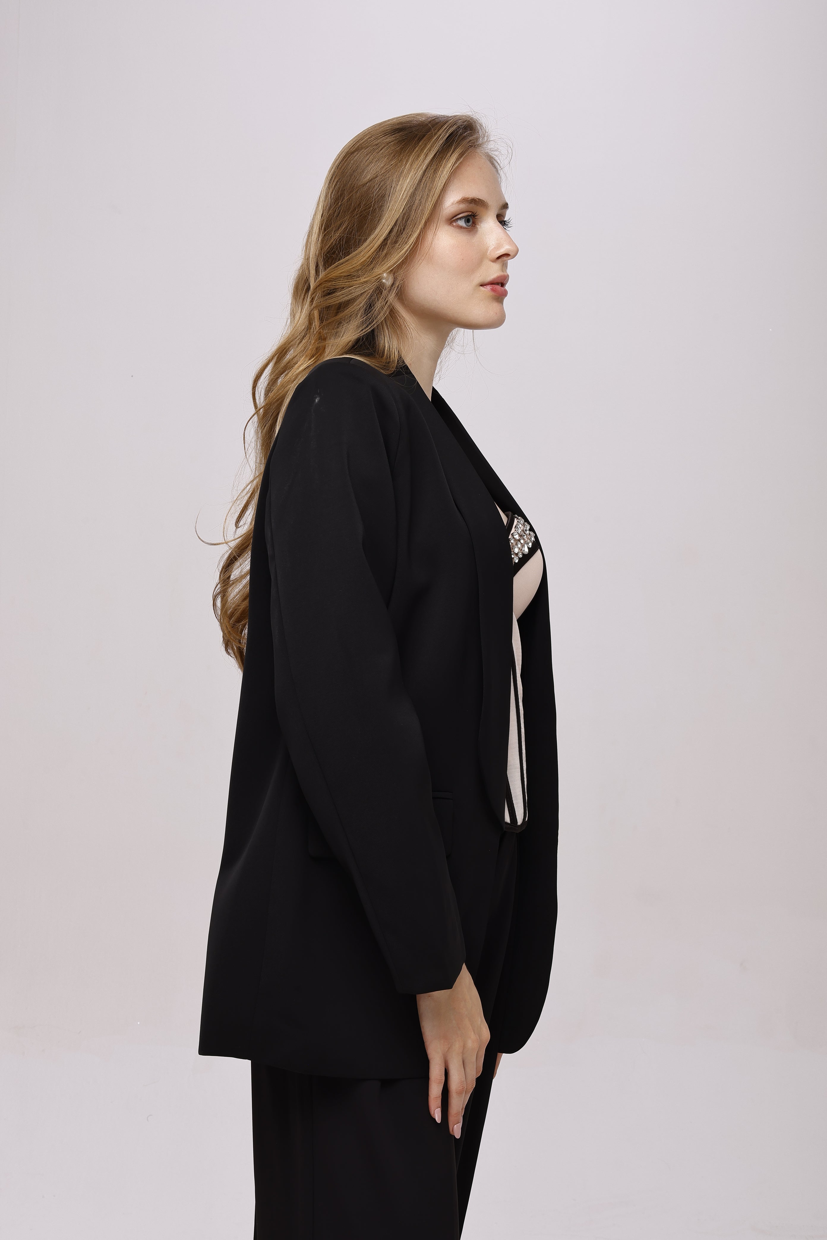 Solid fully lined shawl Collar long sleeve blazer Black