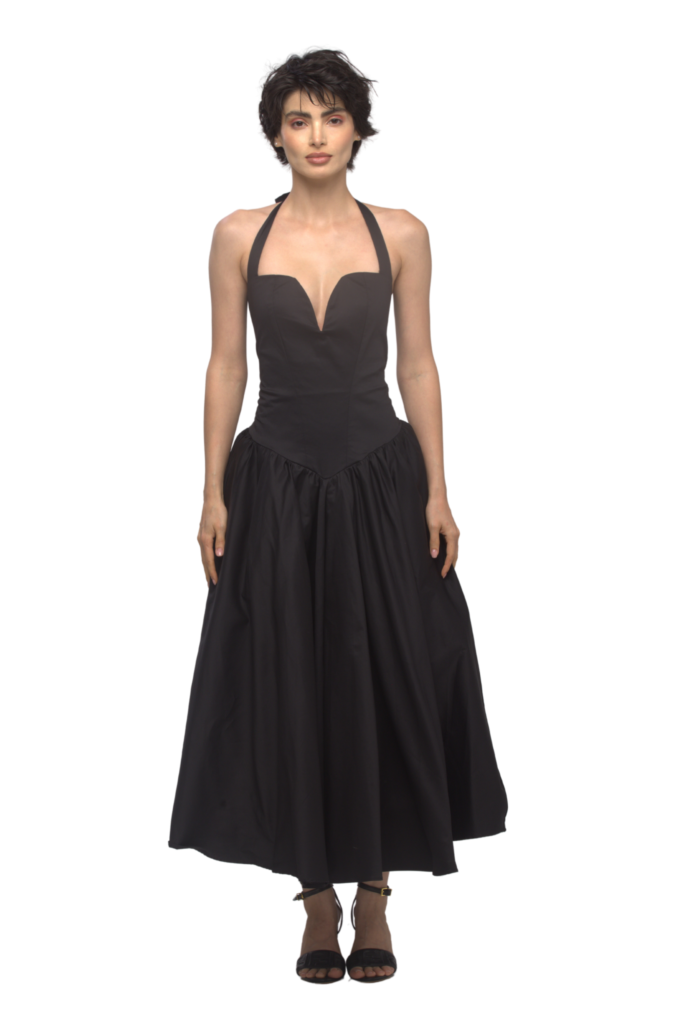Solid halter neck long princess dress-Black
