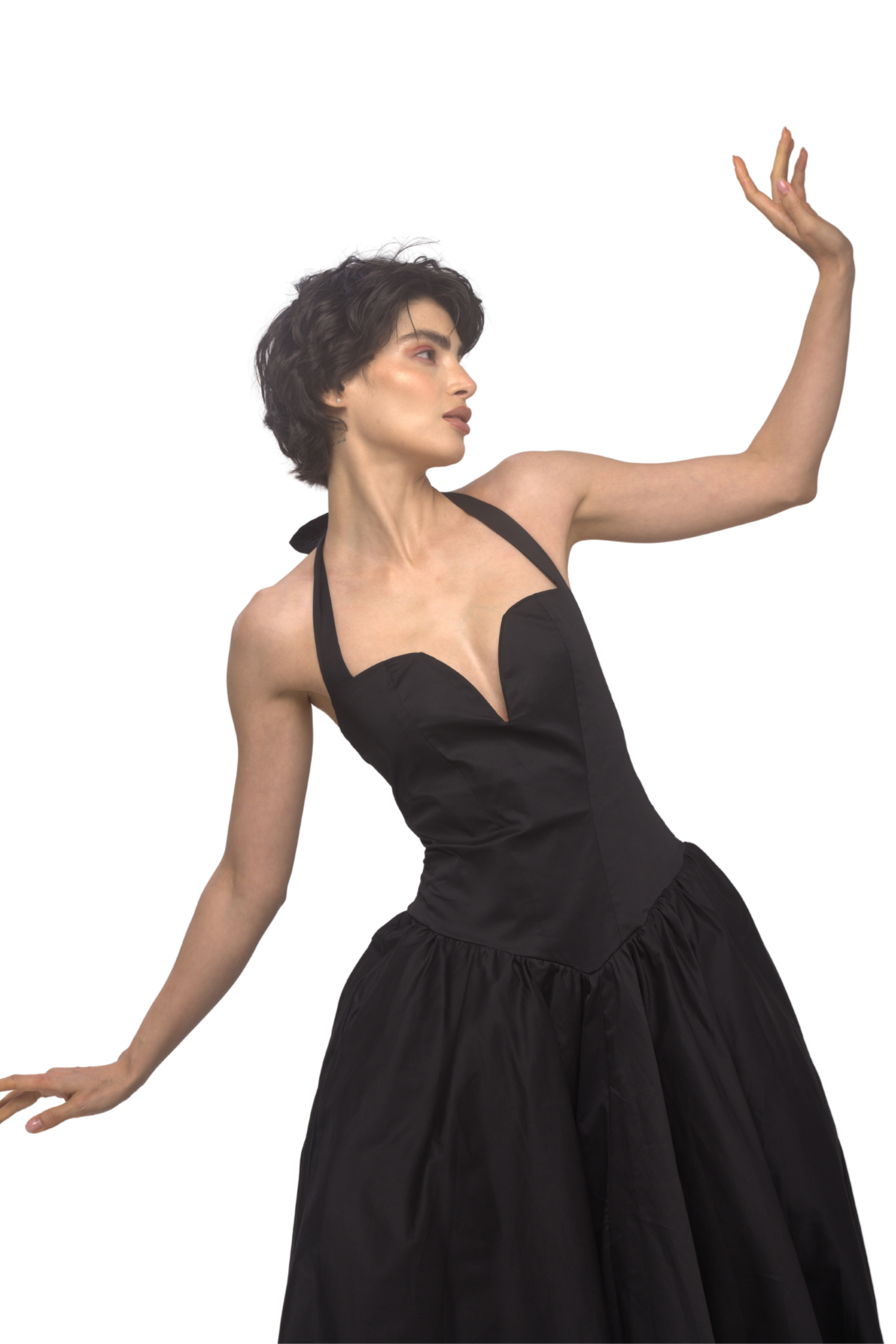 Solid halter neck long princess dress-Black