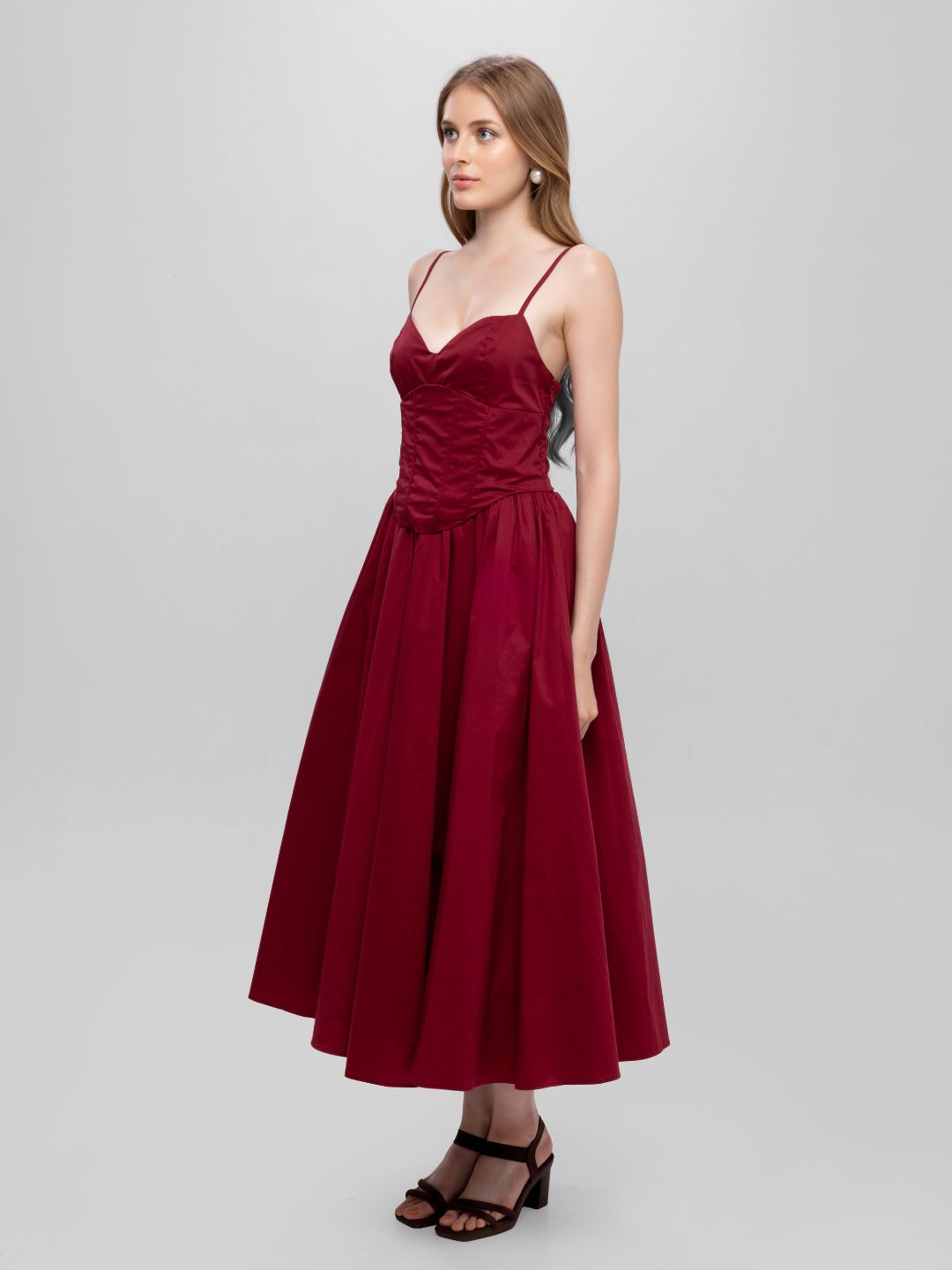 Solid Spaghetti Straps long princess dress Wine Red