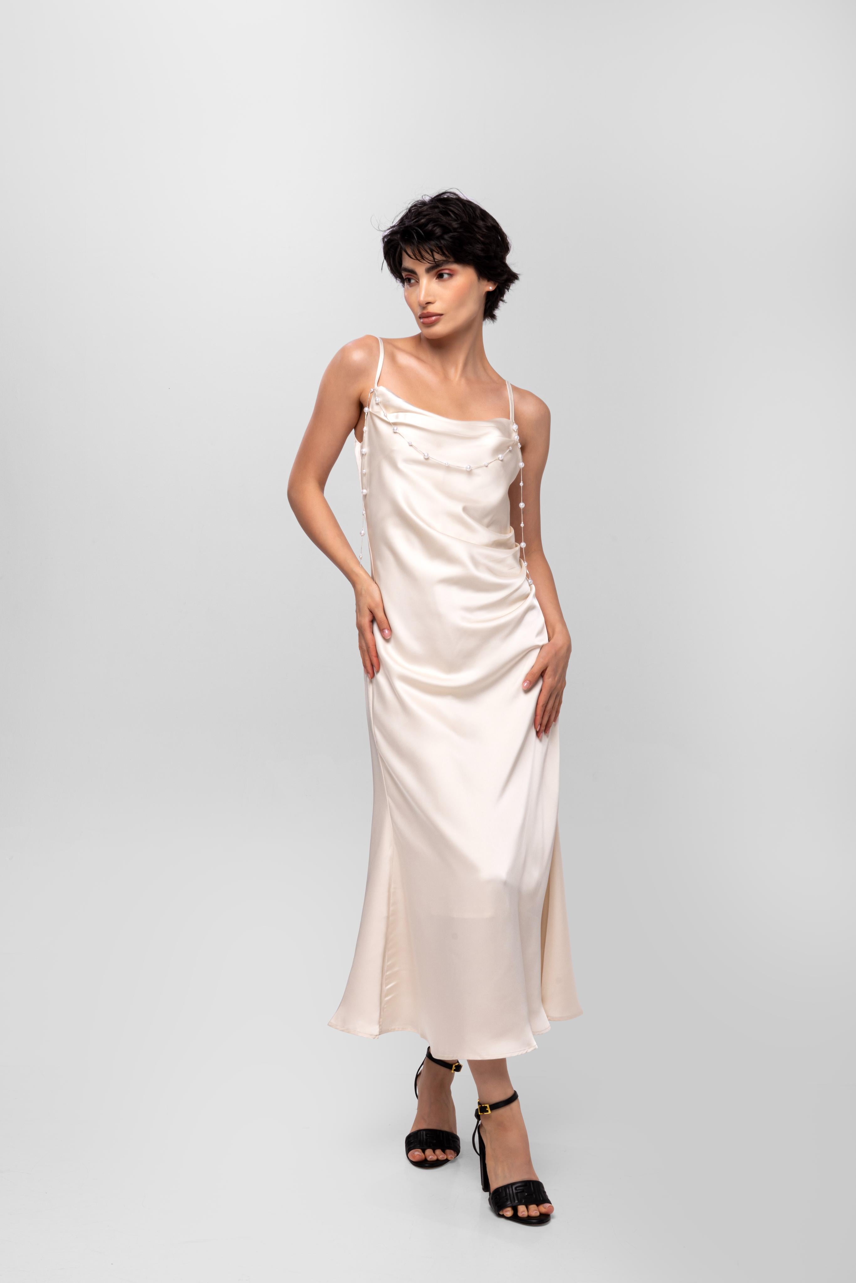 Solid Spaghetti Straps satin midi dress White