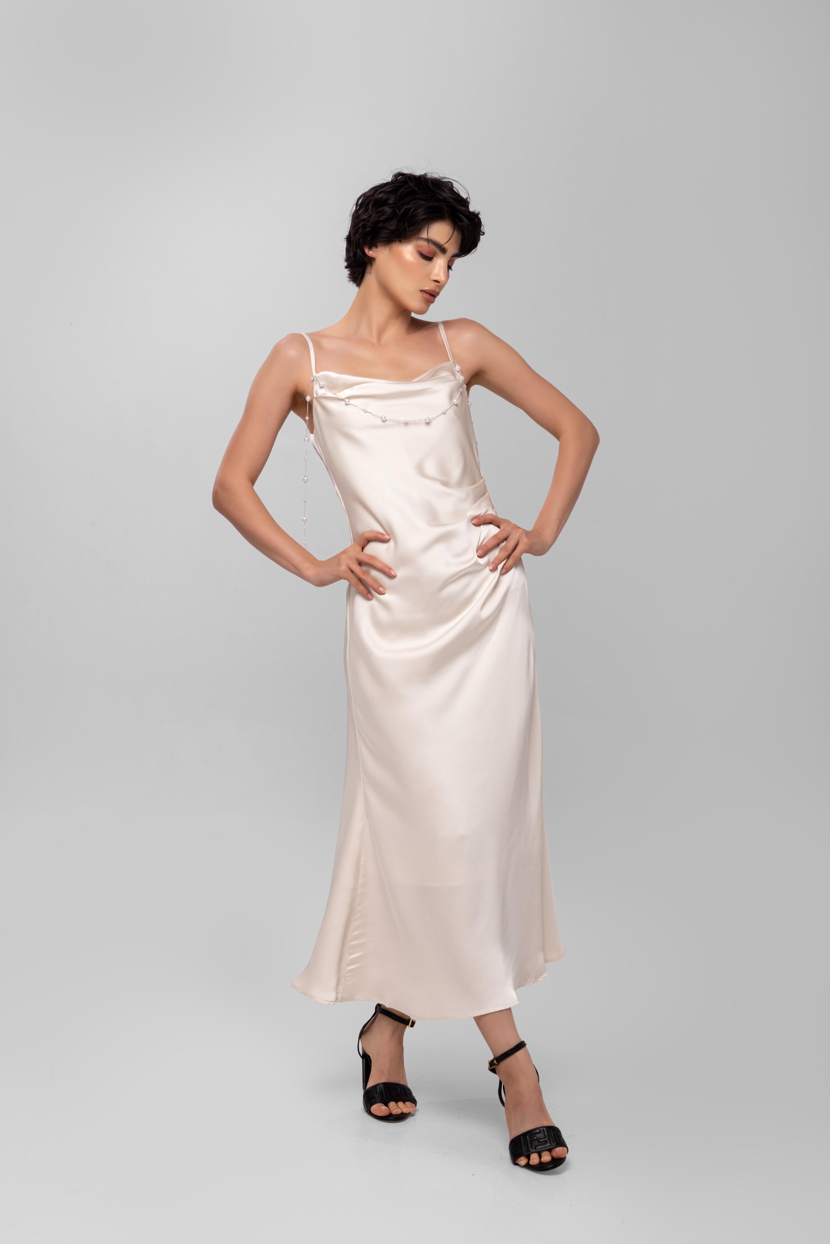 Solid Spaghetti Straps satin midi dress White