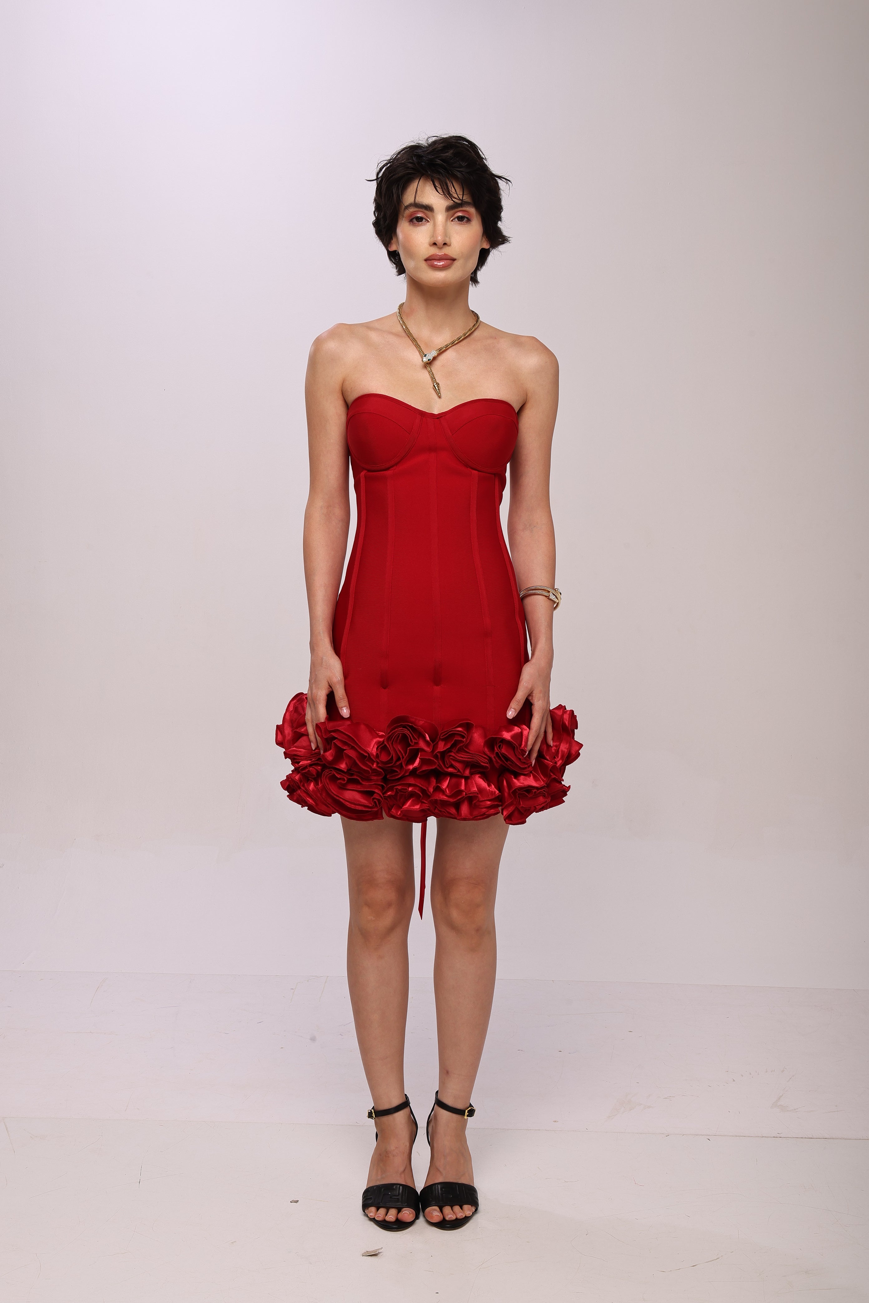 Bandage flower off shoulder mini dress Red