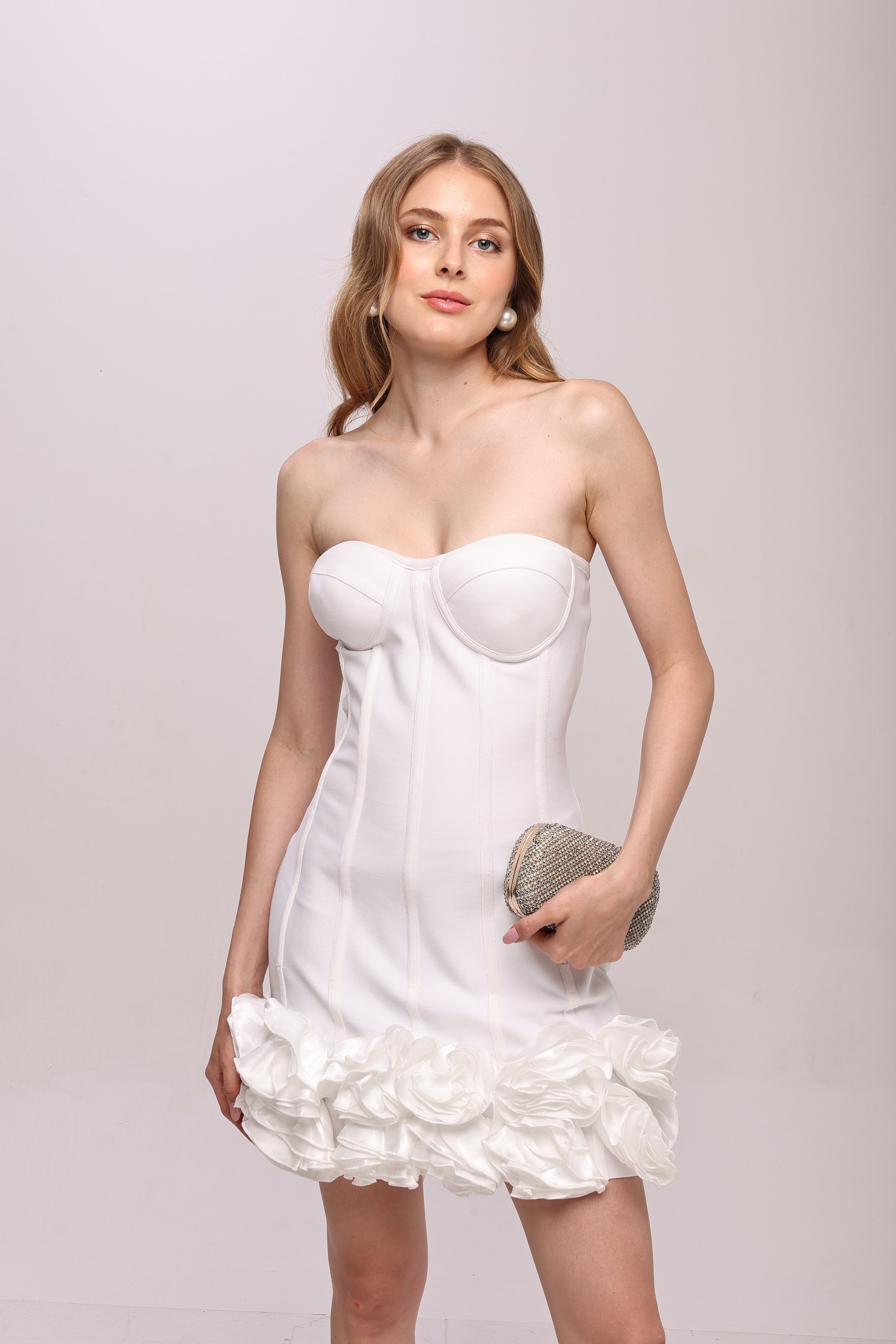 Bandage flower off shoulder mini dress White