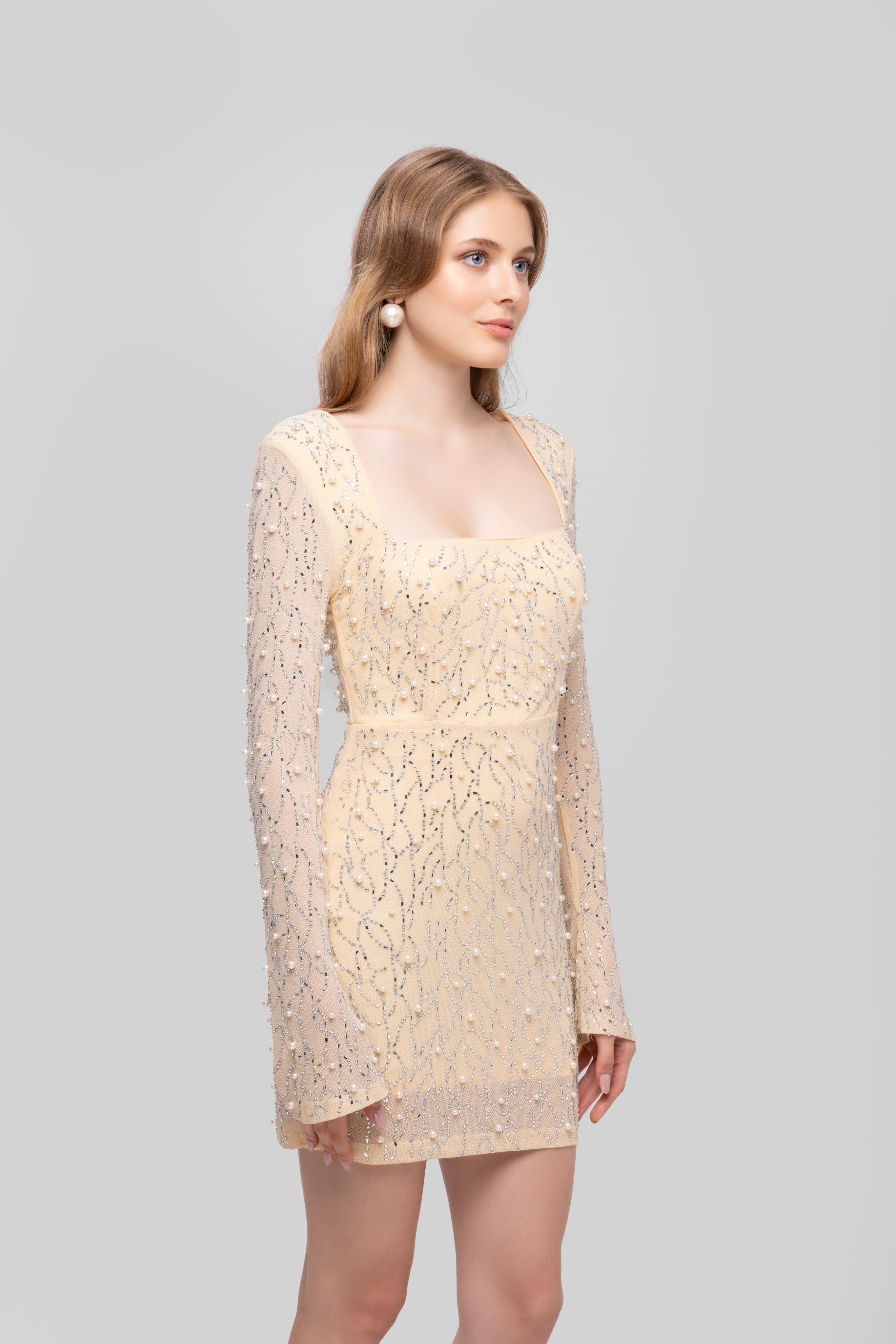 Full sleeve Embellished Mini Dress Begie