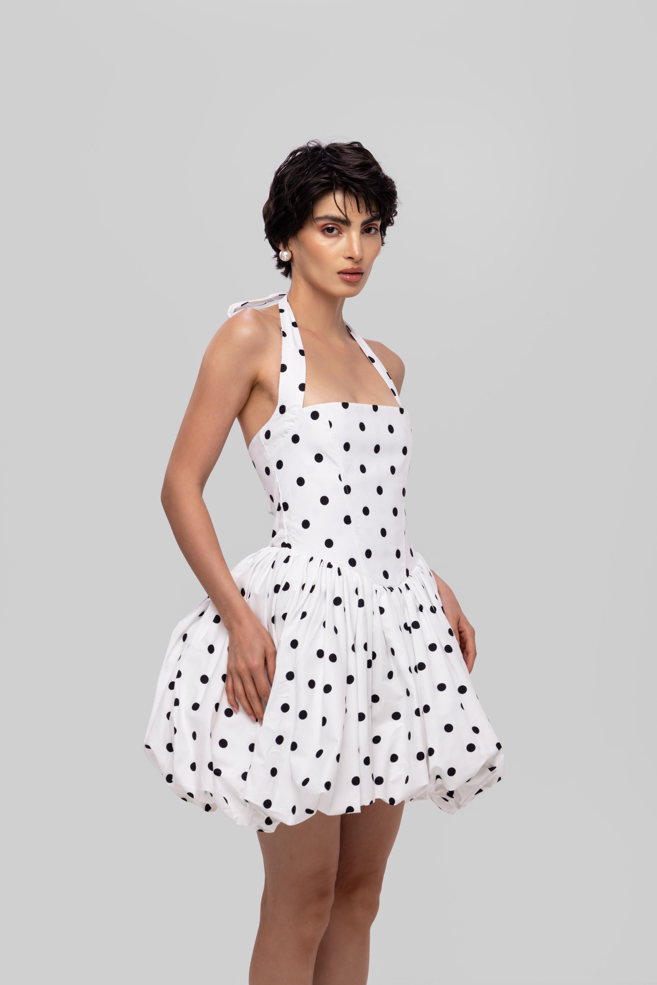 White Printed halter neck backless short cotton balloon dress