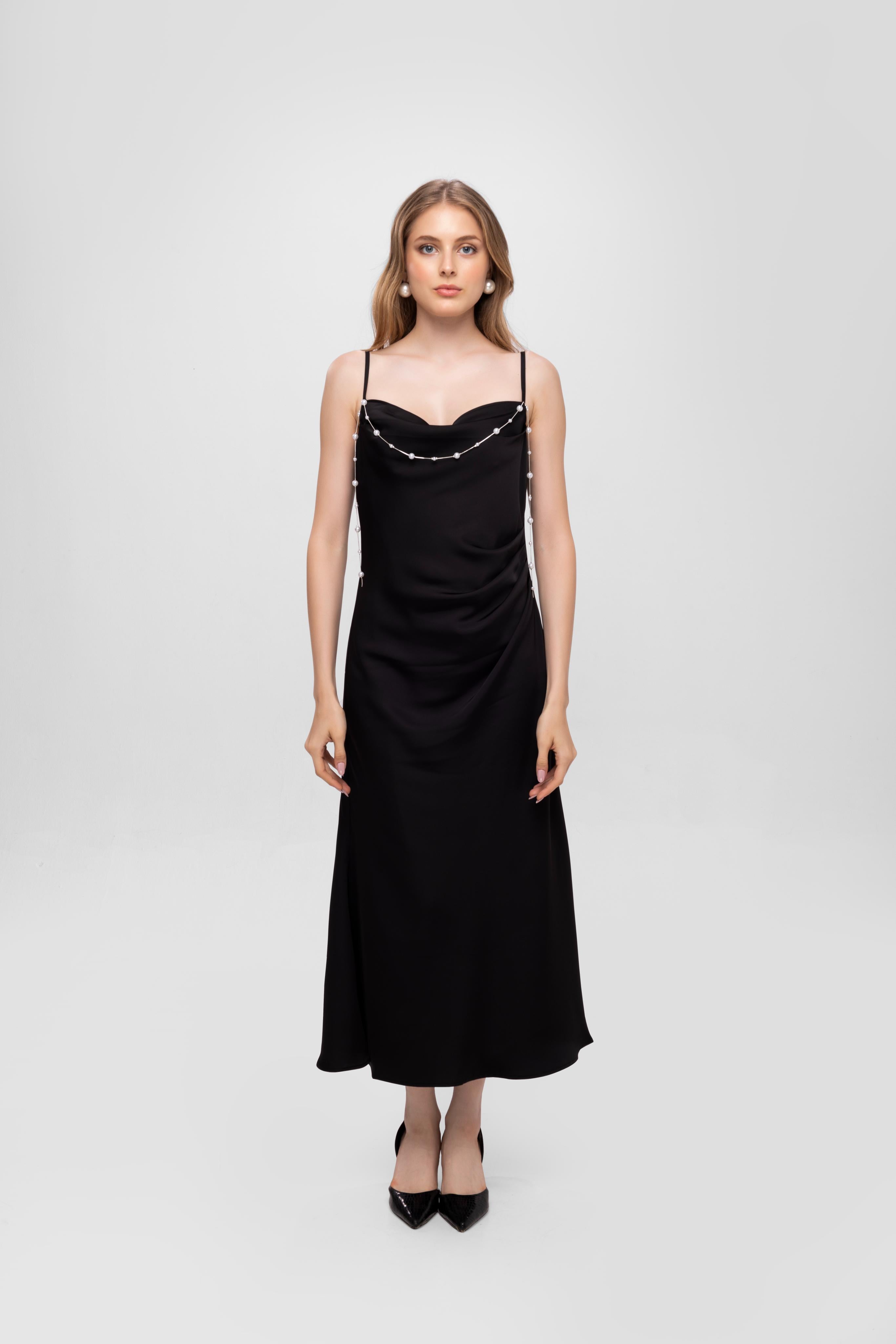 Solid Spaghetti Straps satin midi dress Black