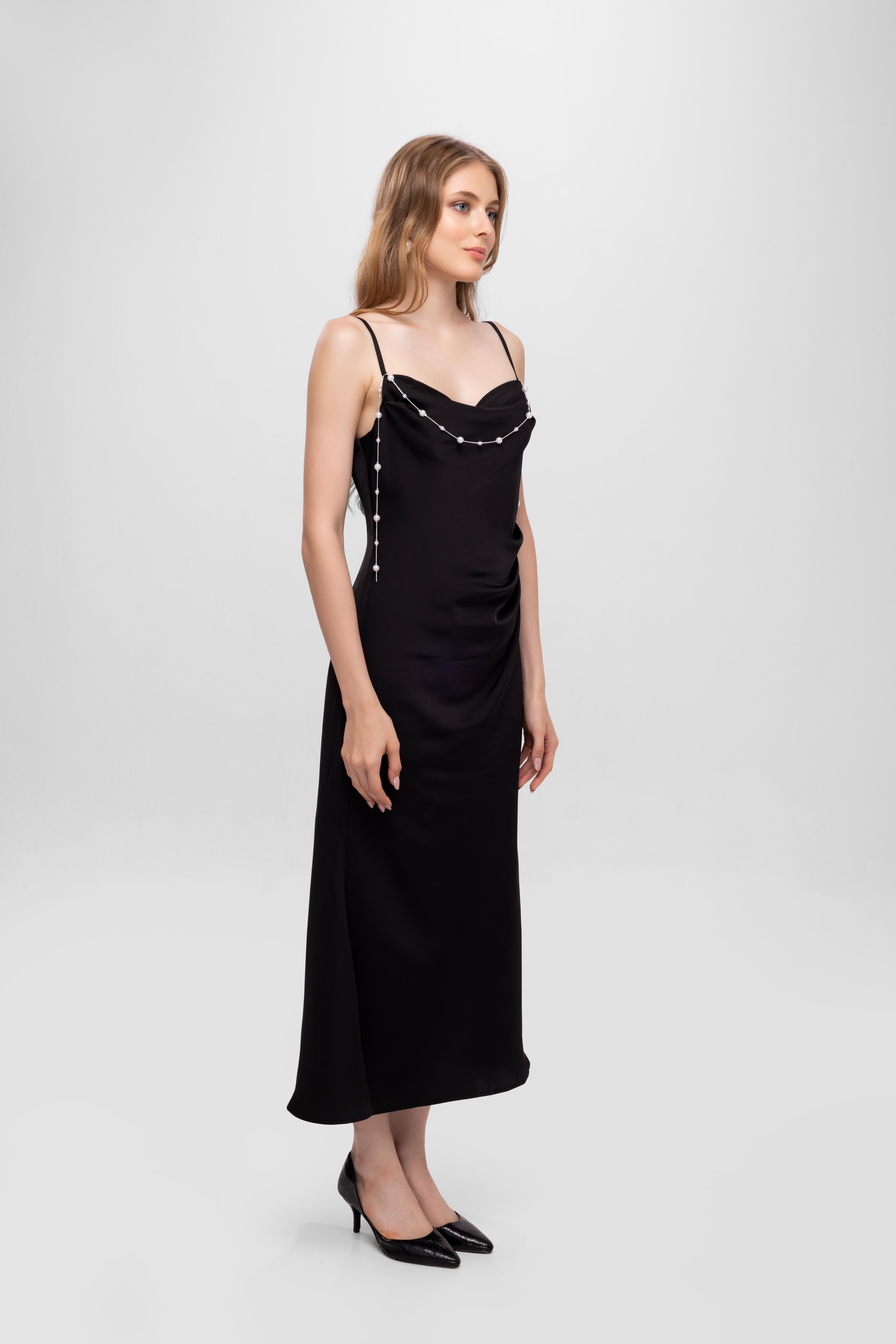 Solid Spaghetti Straps satin midi dress Black