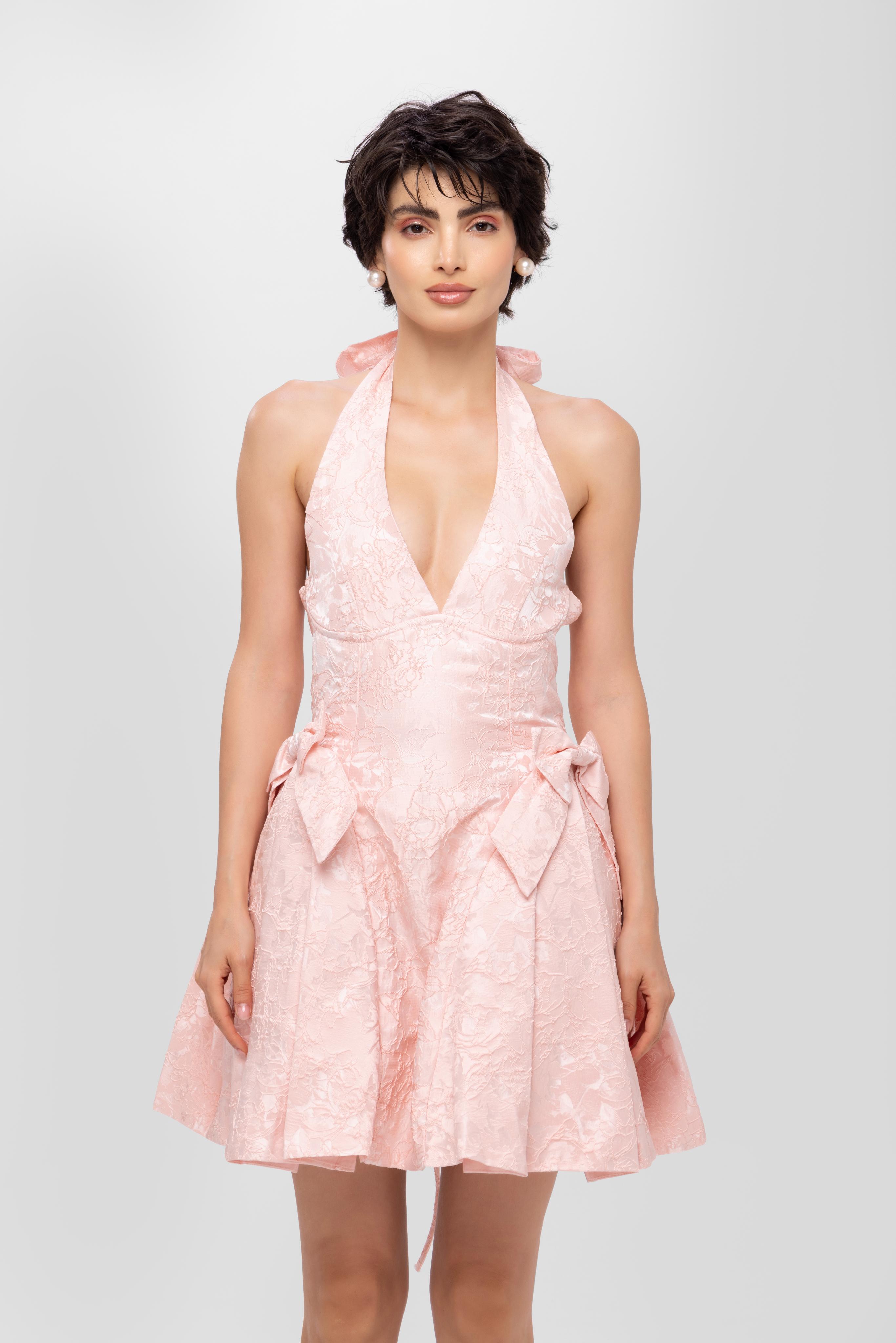 Jecquard solid halter neck princess short dress Pink