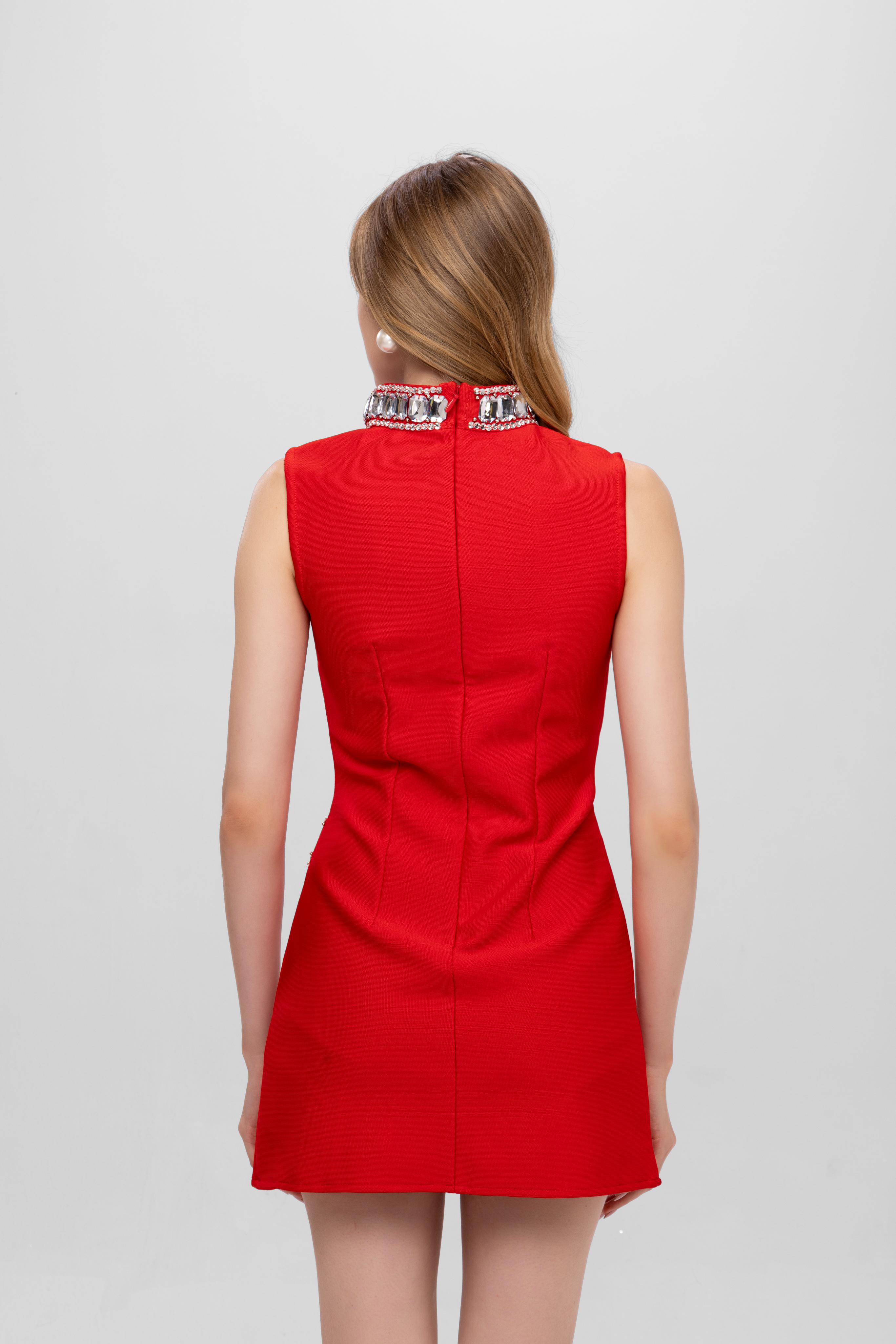 Mock neck Rhinestone sleeve less mini dress Red