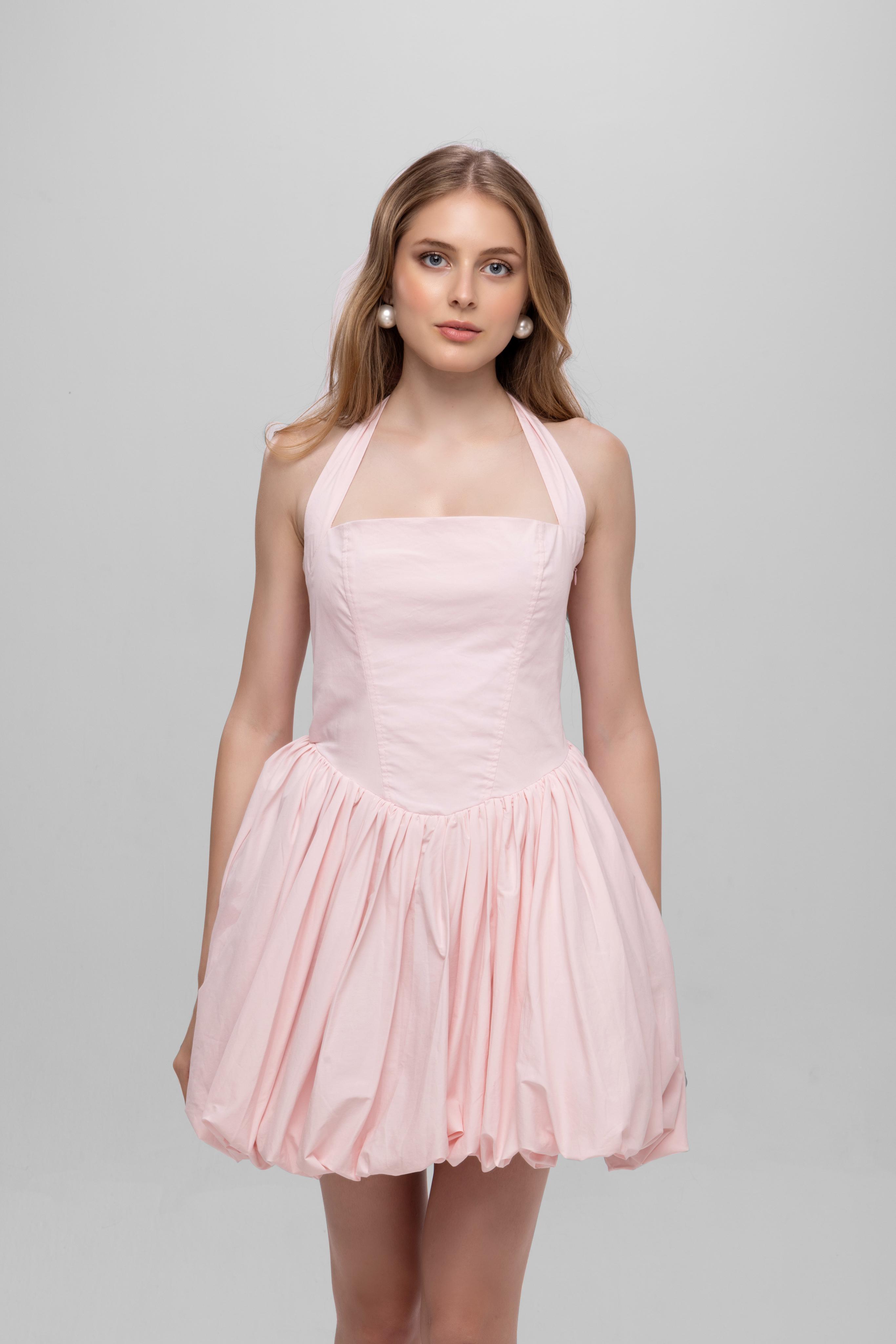 Pink solid halter neck backless short cotton balloon dress