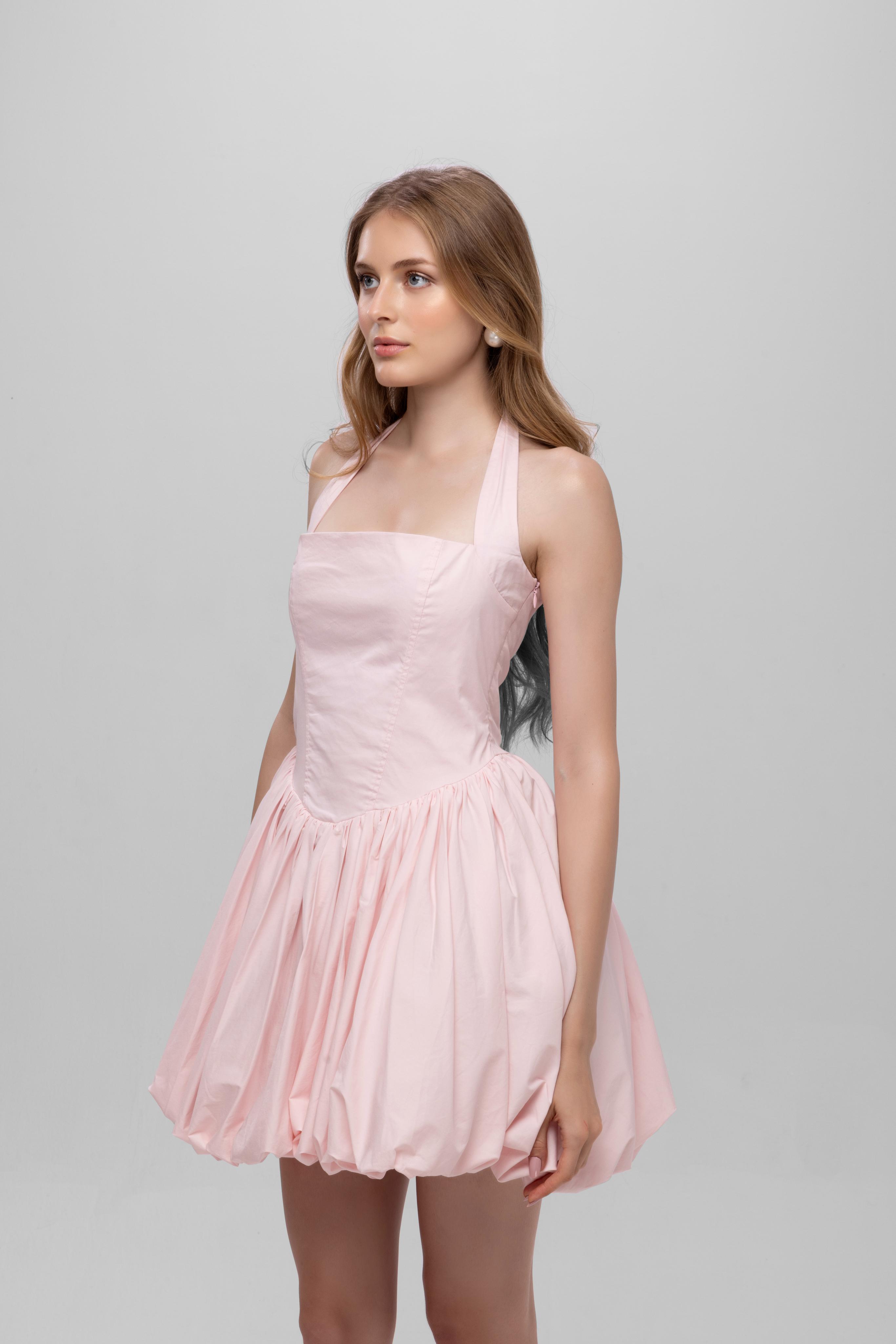 Pink solid halter neck backless short cotton balloon dress