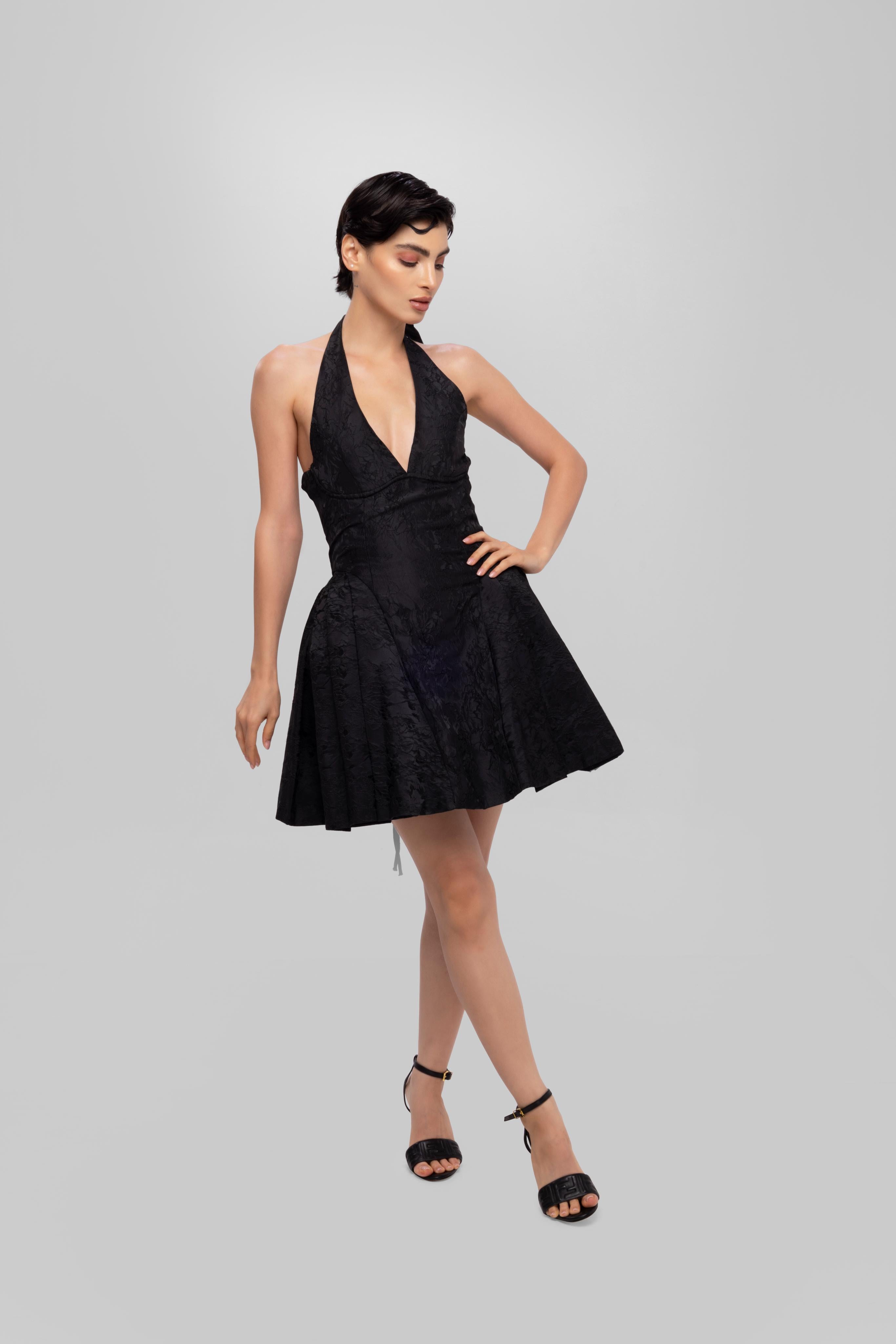 Jecquard solid halter neck princess short dress Black