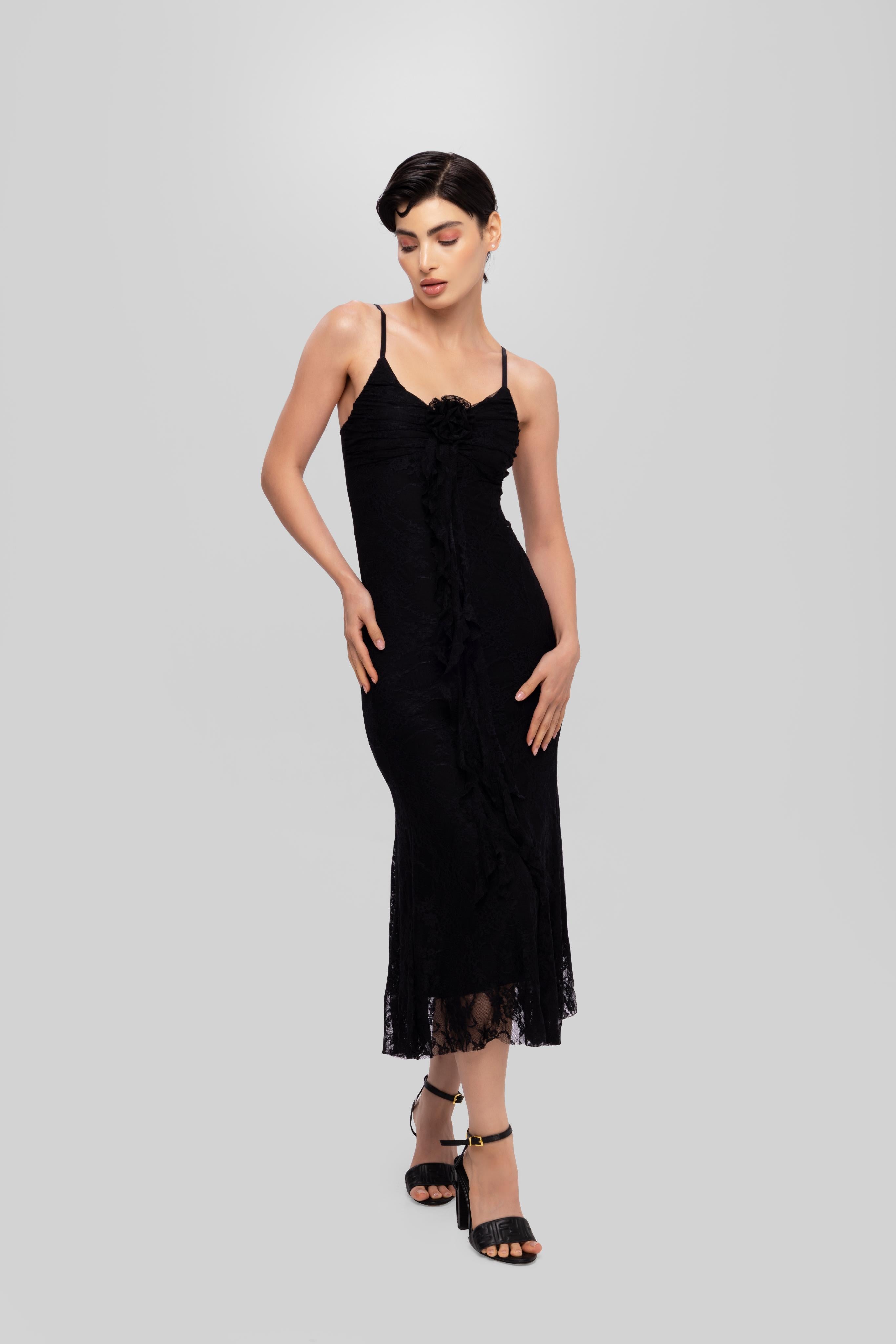 Solid Spaghetti Straps mesh midi dress  Black