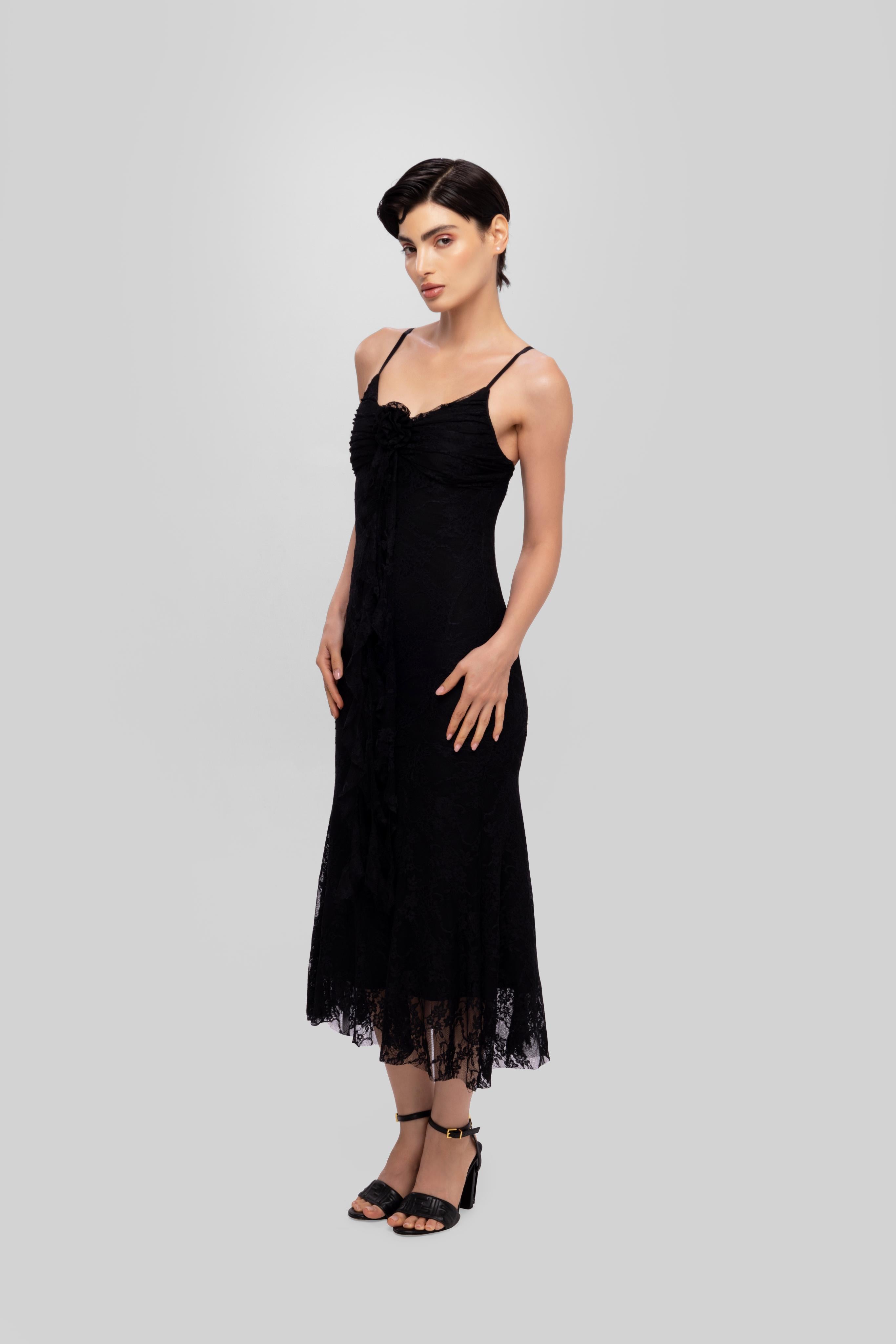 Solid Spaghetti Straps mesh midi dress  Black