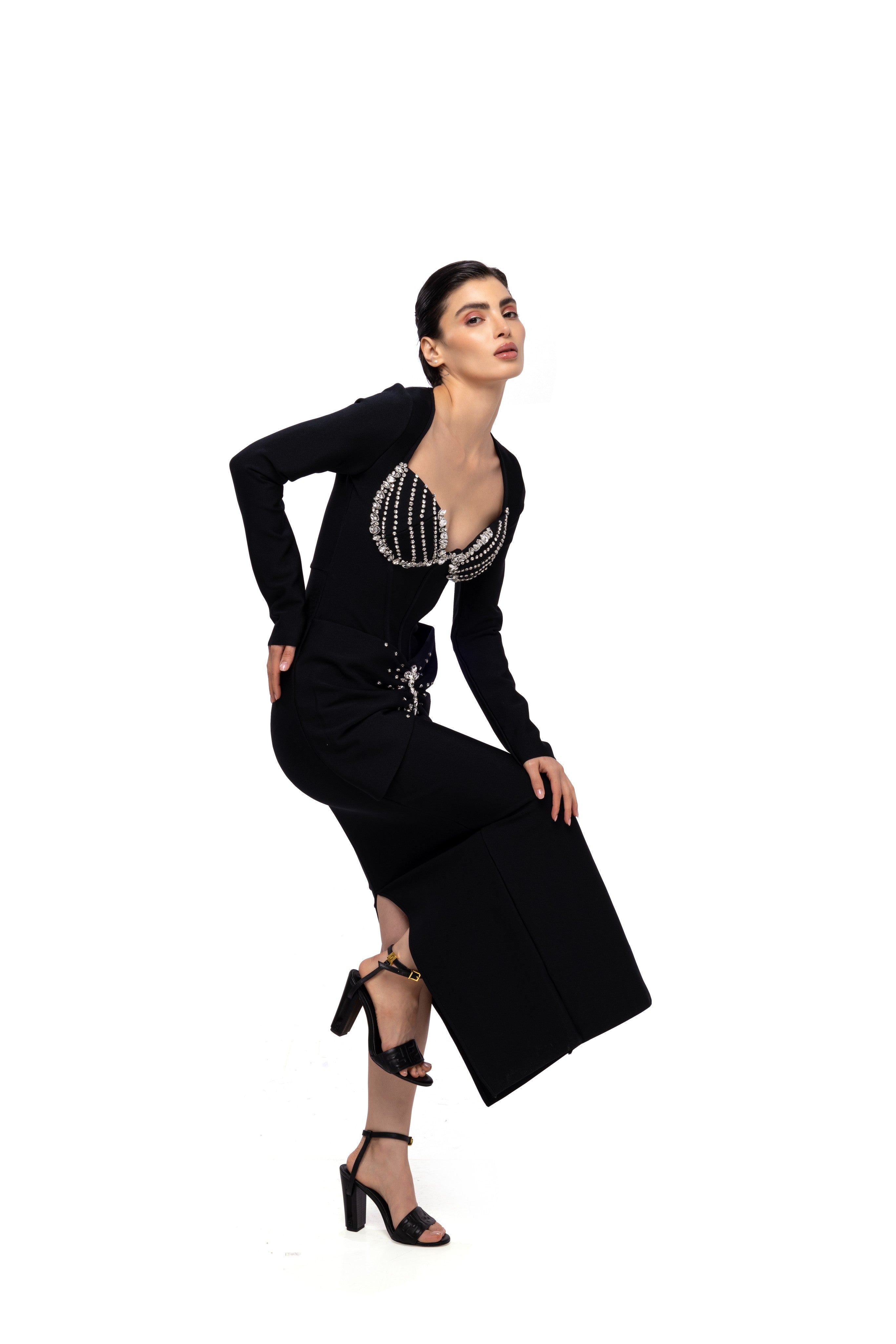 Black solid long square neckFull sleeve bandage rhinestone dress