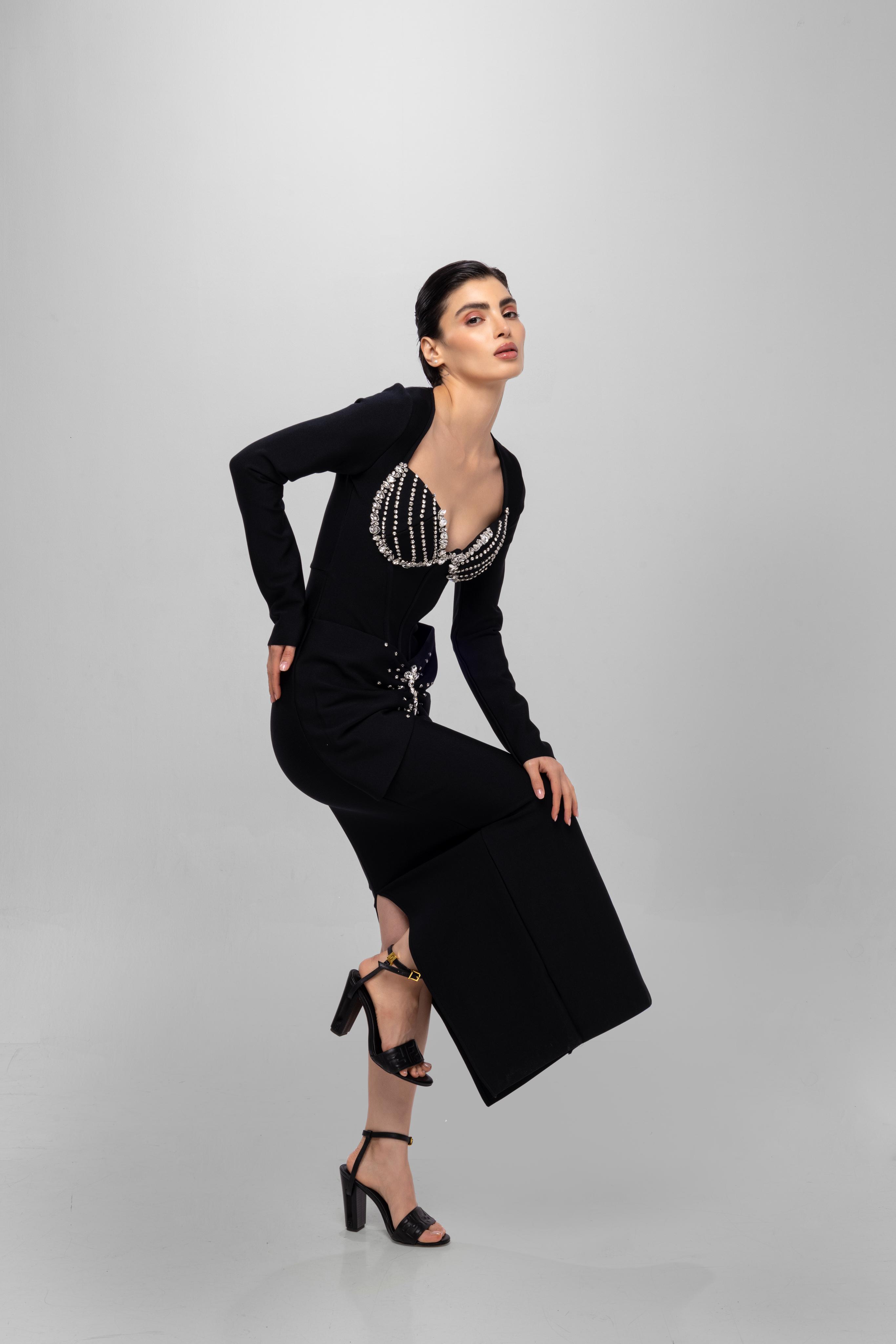 Black solid long square neckFull sleeve bandage rhinestone dress