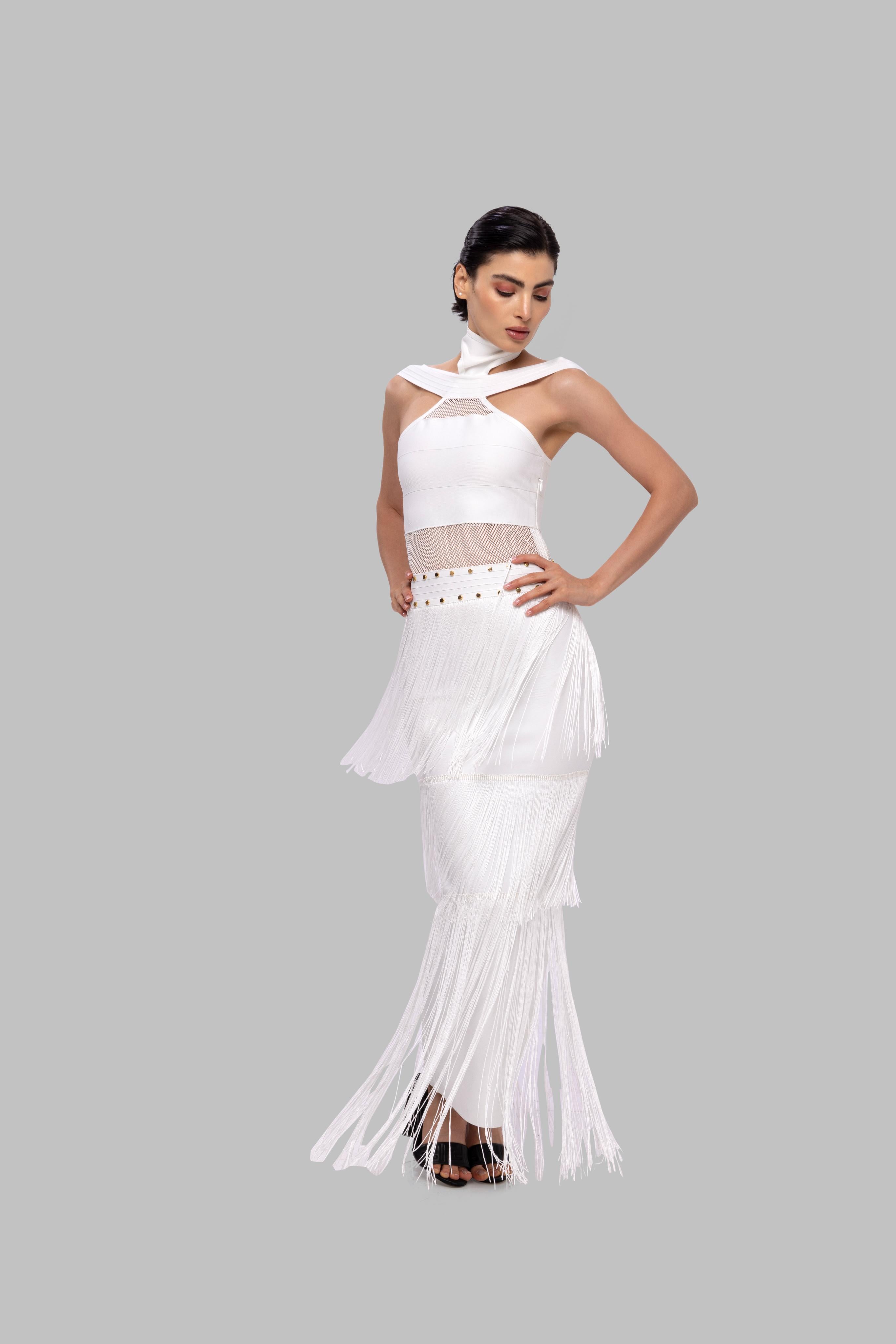 White solid long high neck off shoulder sleeveless bandage frill lace dress