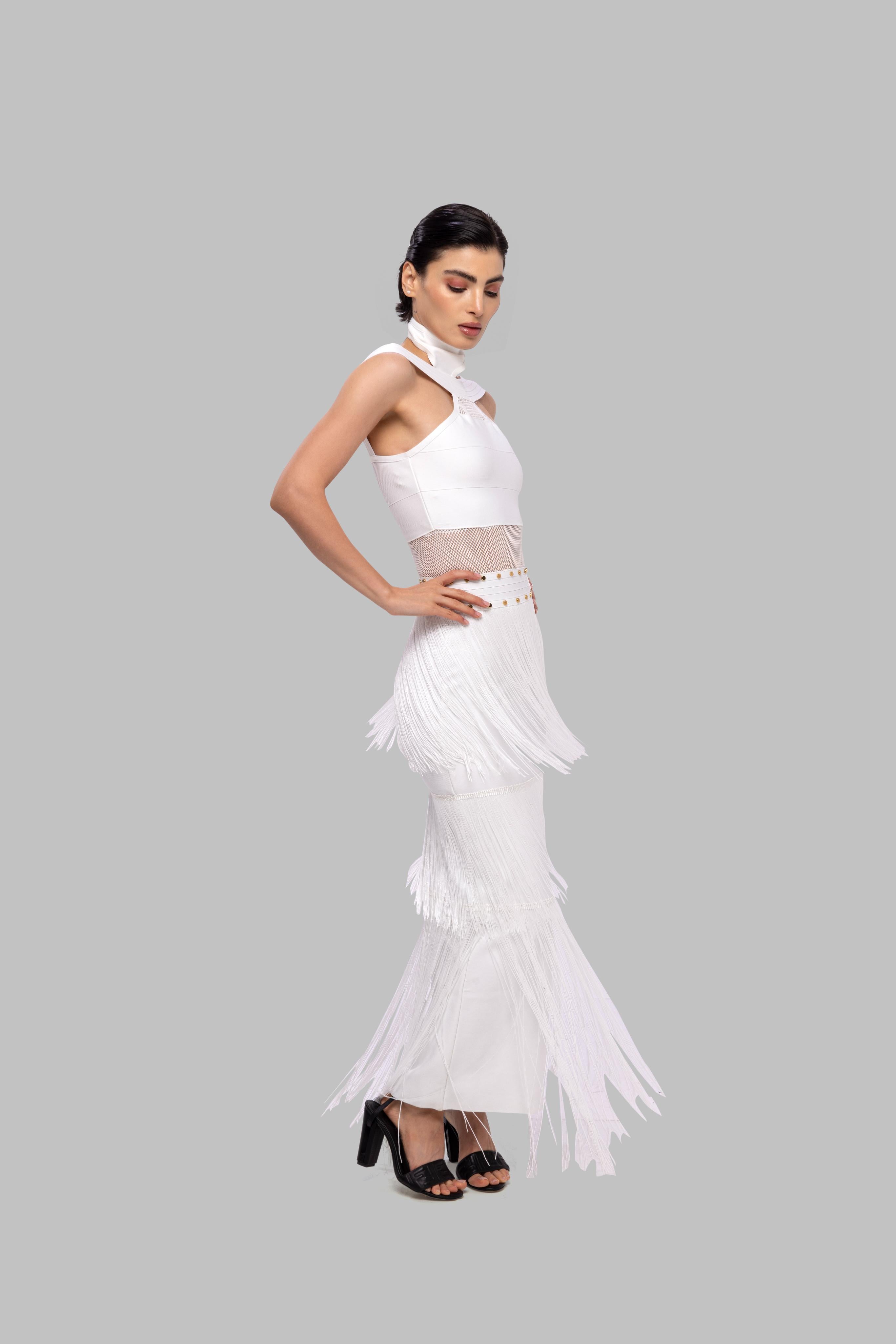 White solid long high neck off shoulder sleeveless bandage frill lace dress