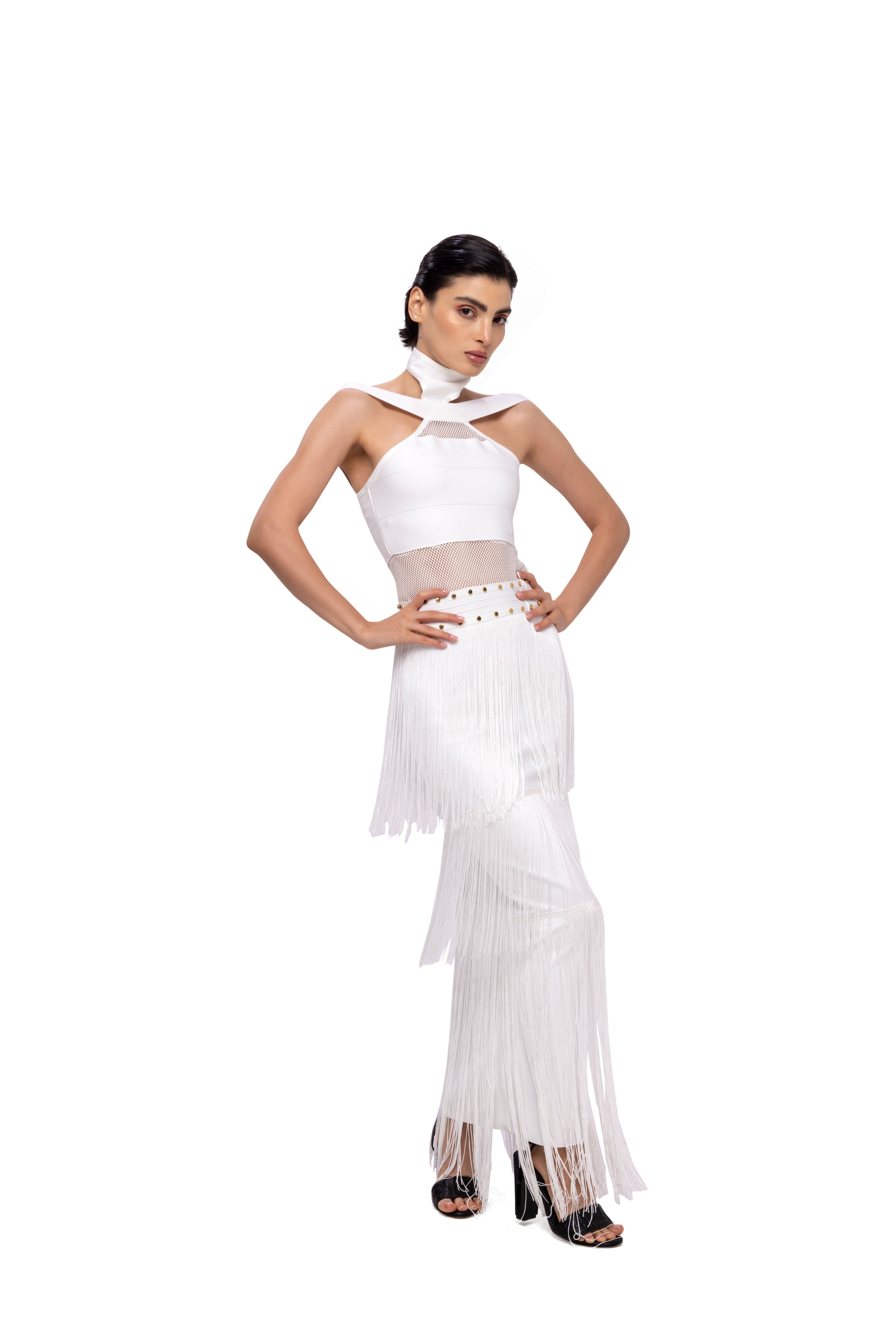 White solid long high neck off shoulder sleeveless bandage frill lace dress