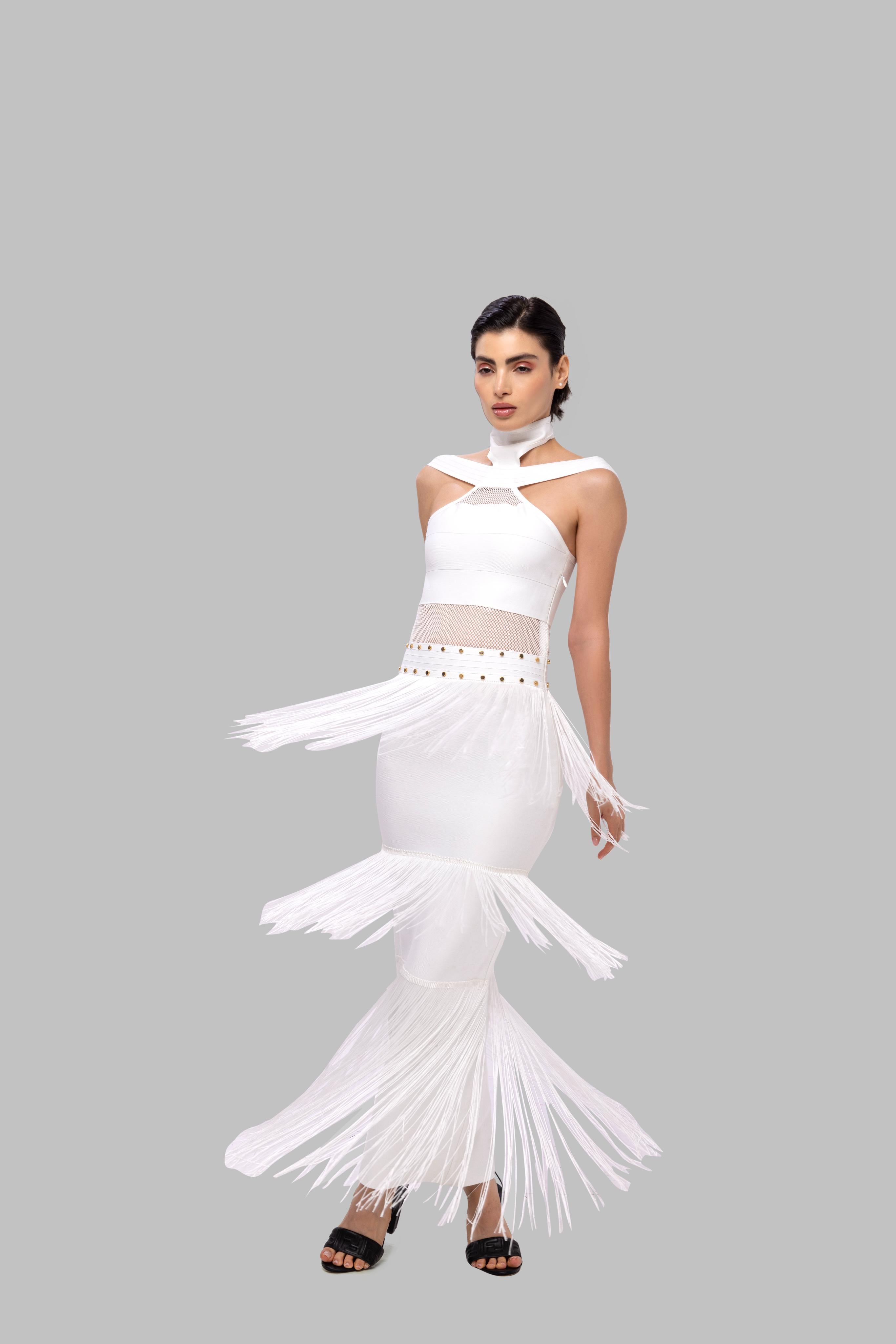 White solid long high neck off shoulder sleeveless bandage frill lace dress