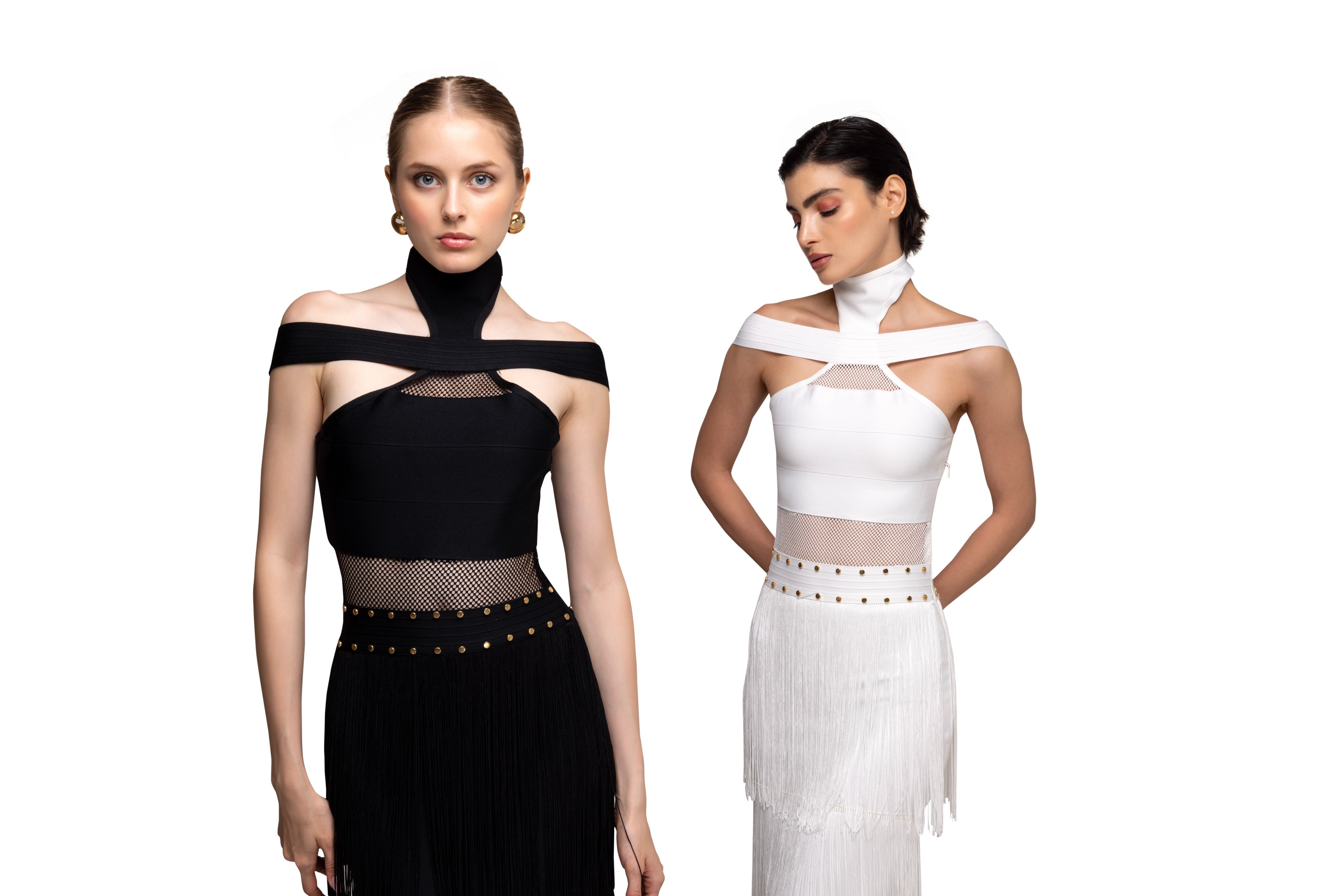 Black solid long high neck off shoulder sleeveless bandage frill lace dress