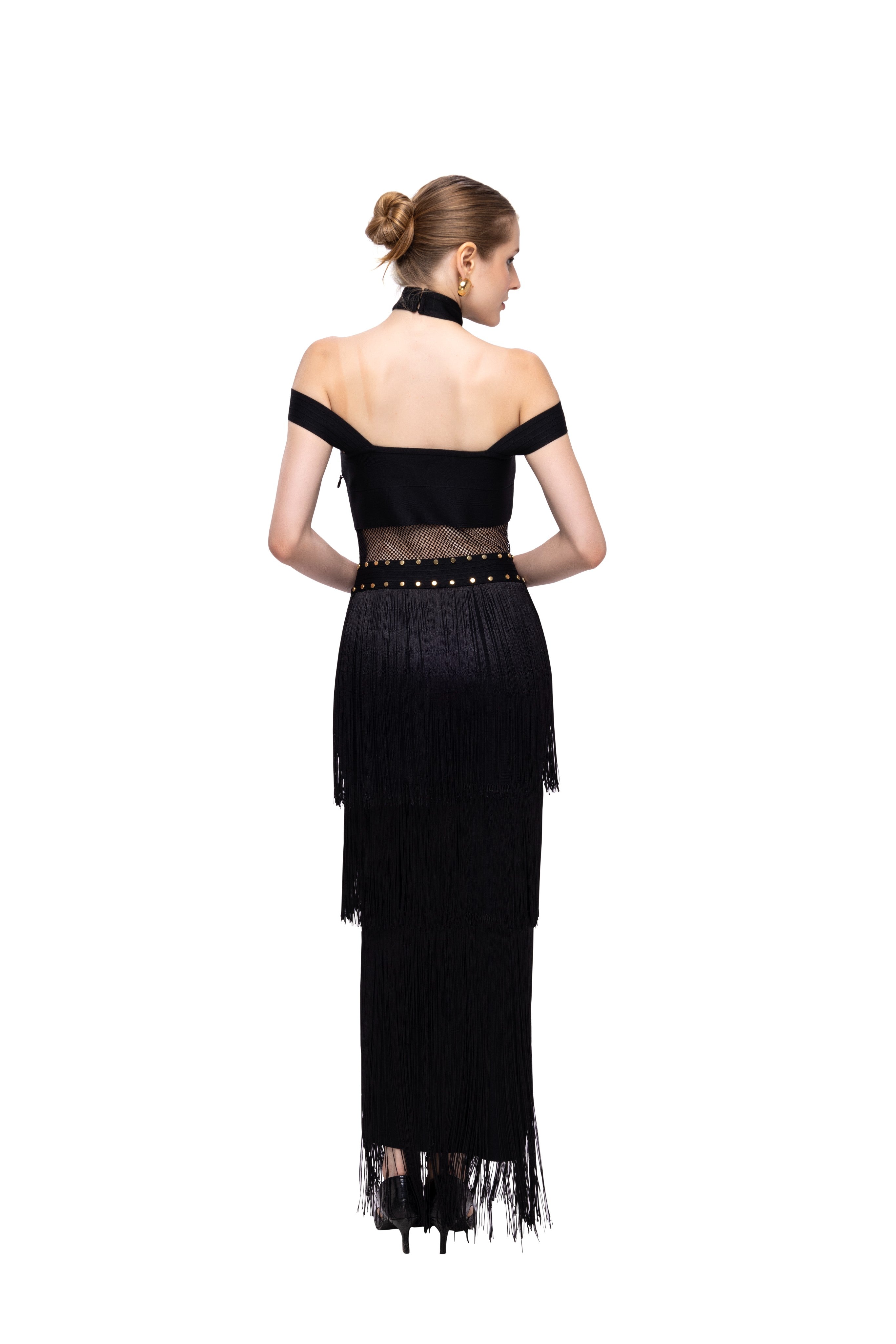 Black solid long high neck off shoulder sleeveless bandage frill lace dress