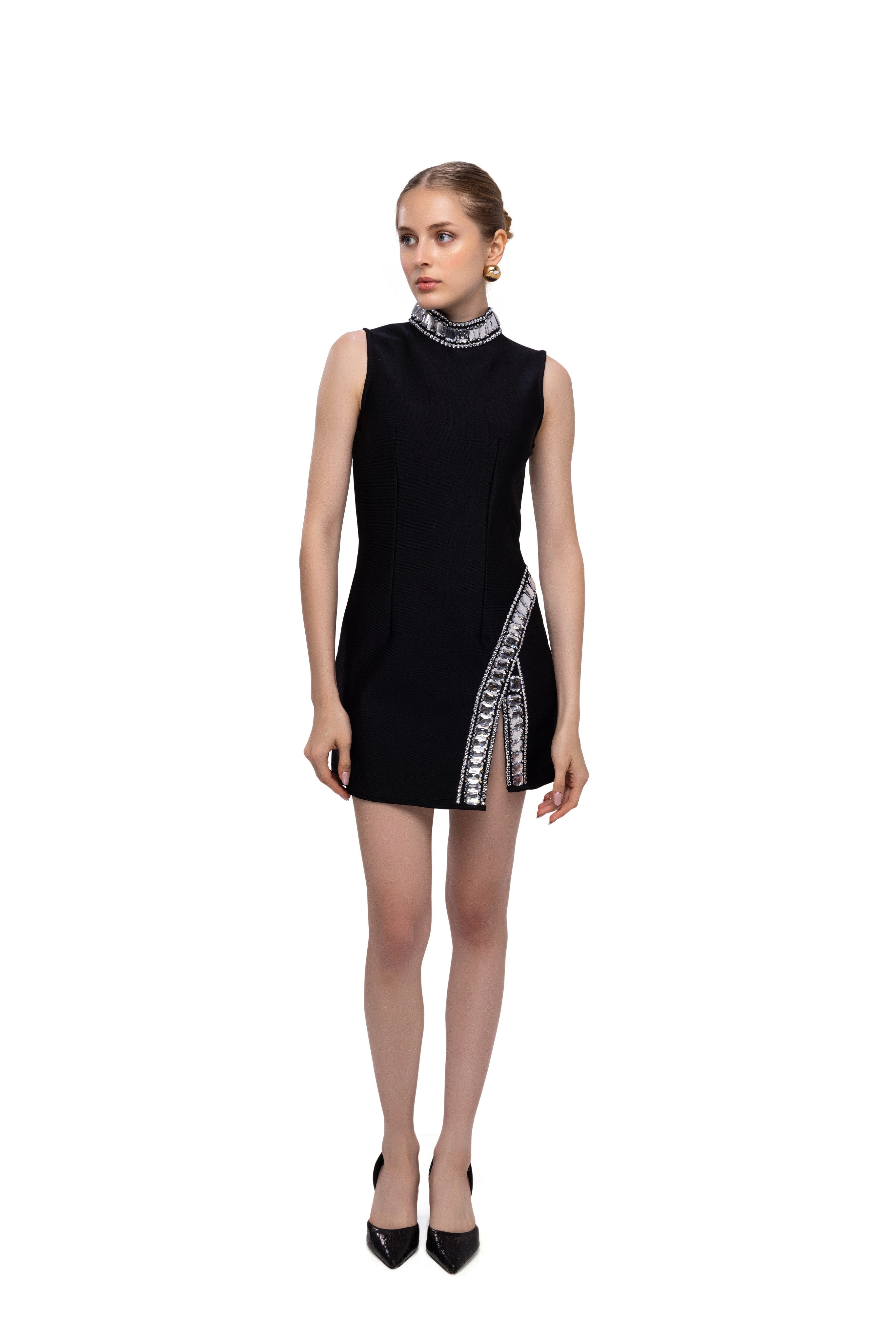 Mock neck Rhinestone sleeve less mini dress Black