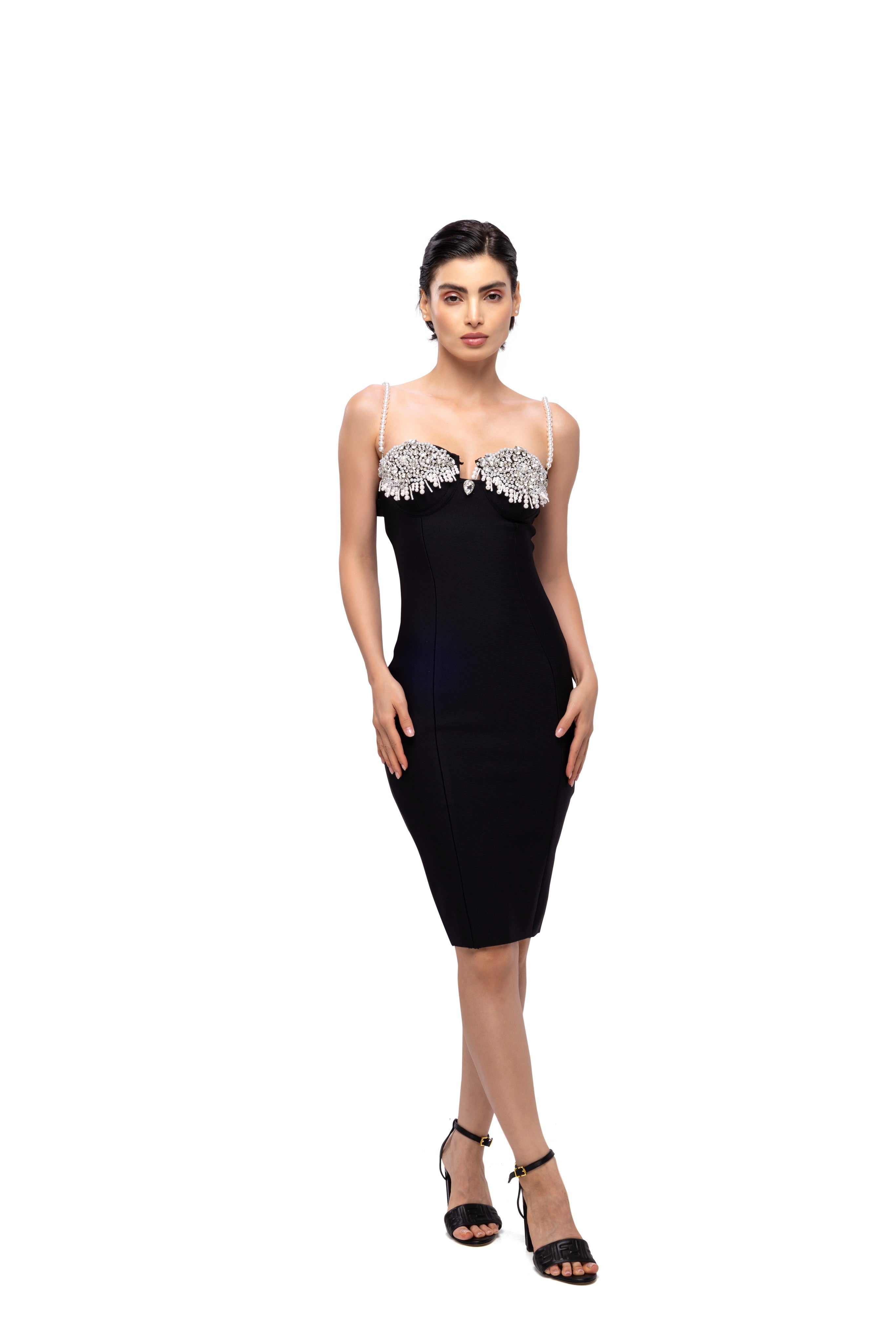 Mock neck Rhinestone off shoulder mini dress Black