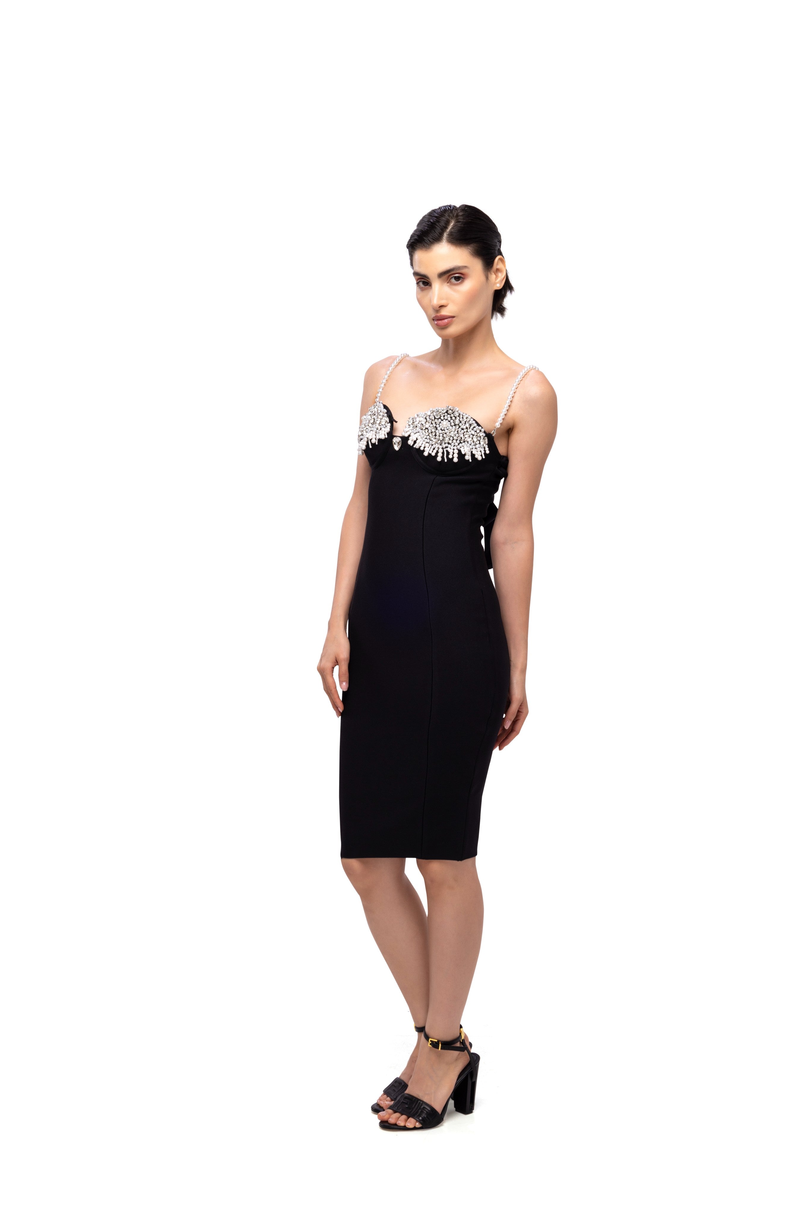 Mock neck Rhinestone off shoulder mini dress Black