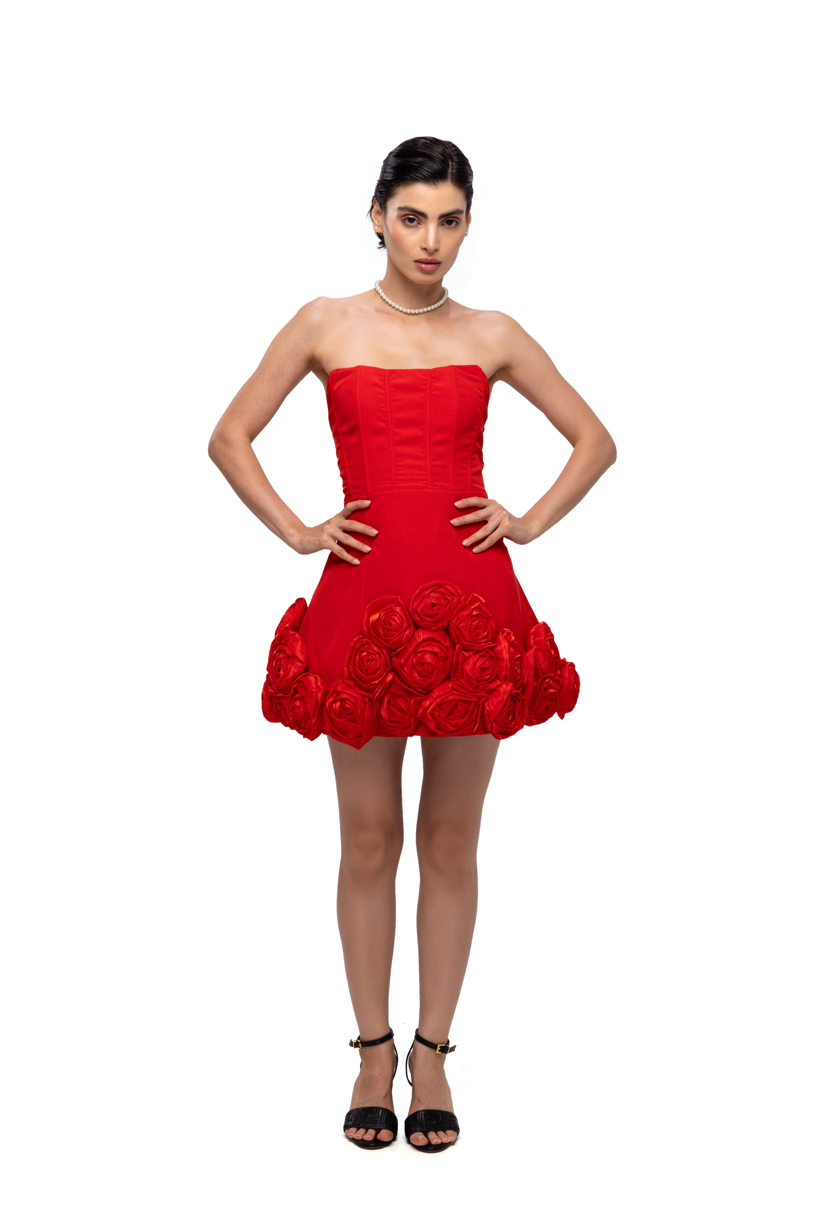 solid off shoulder flower baloon short dress Red