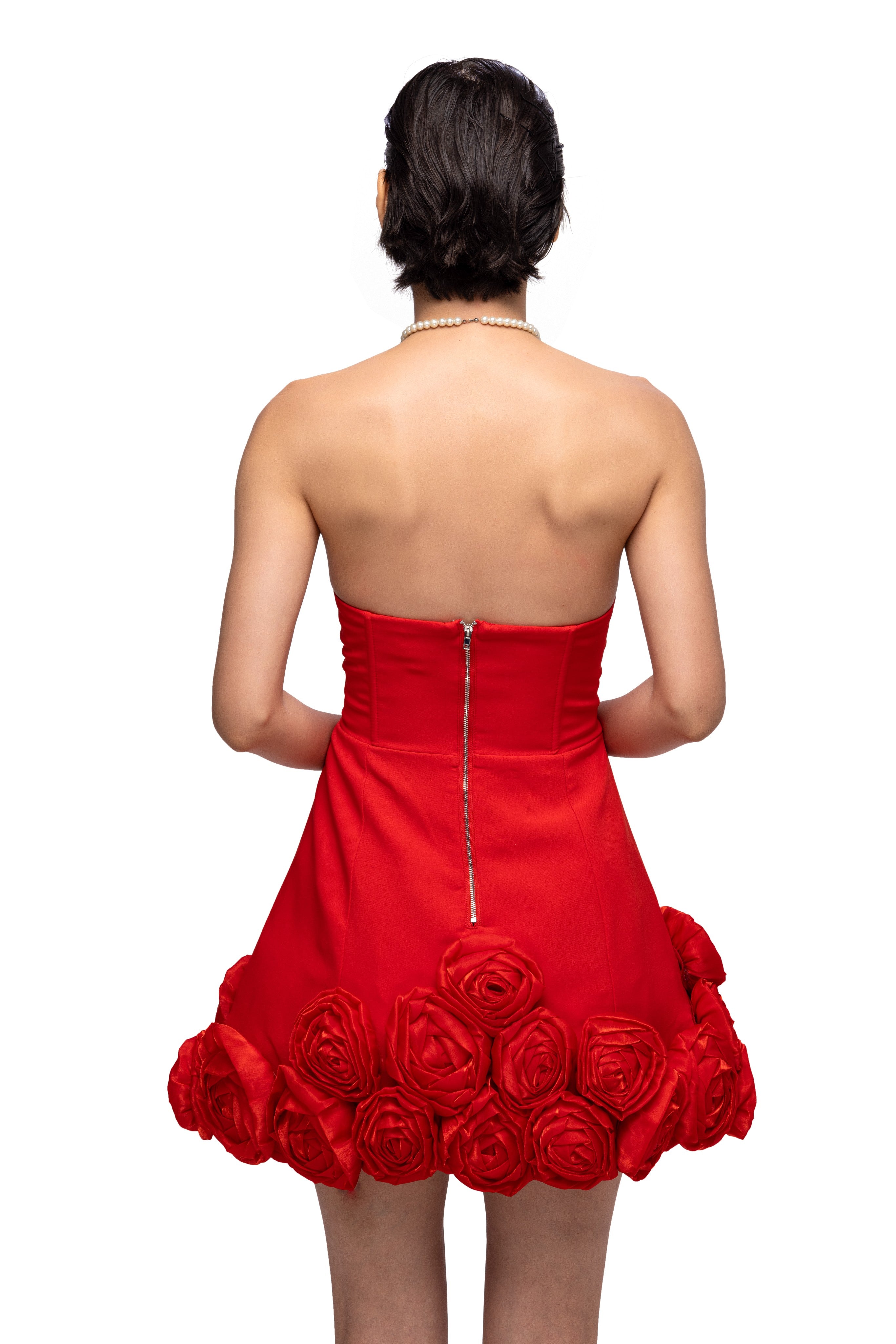 solid off shoulder flower baloon short dress Red