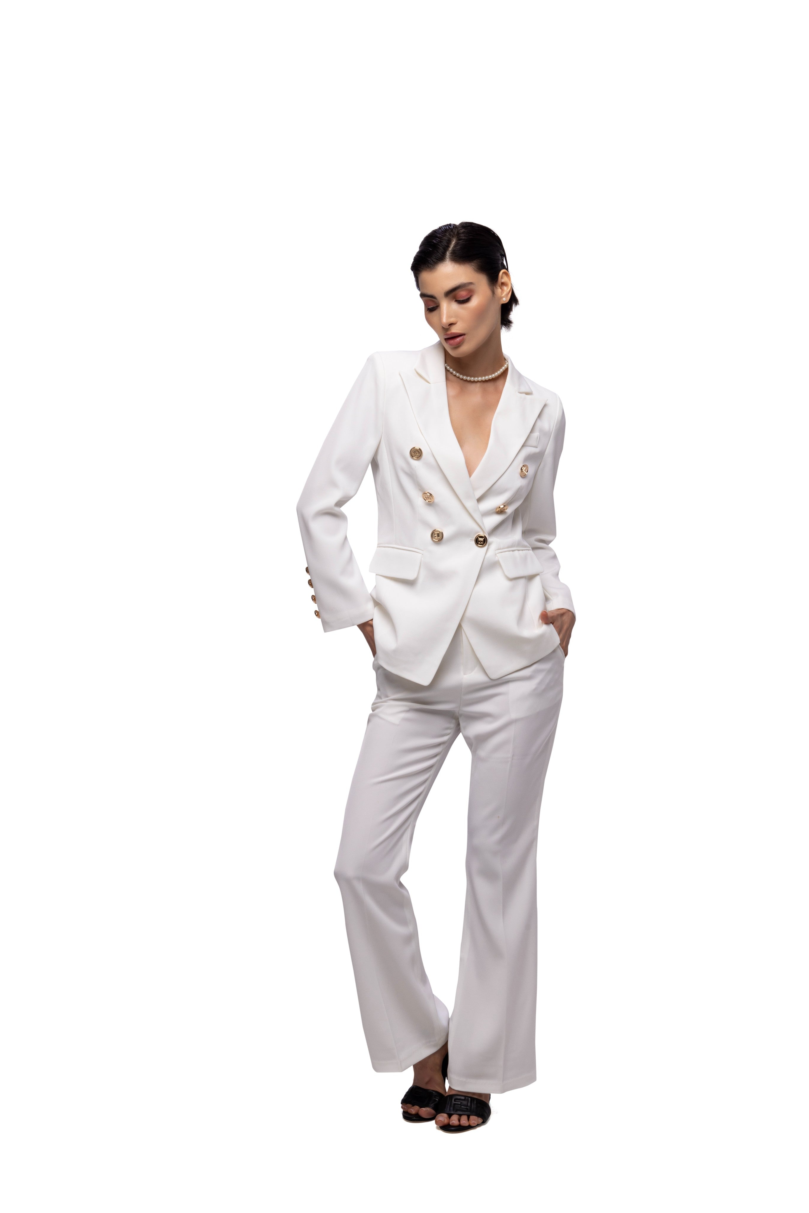 Solid fully lined lapel Collar long sleeve button closer suitset White