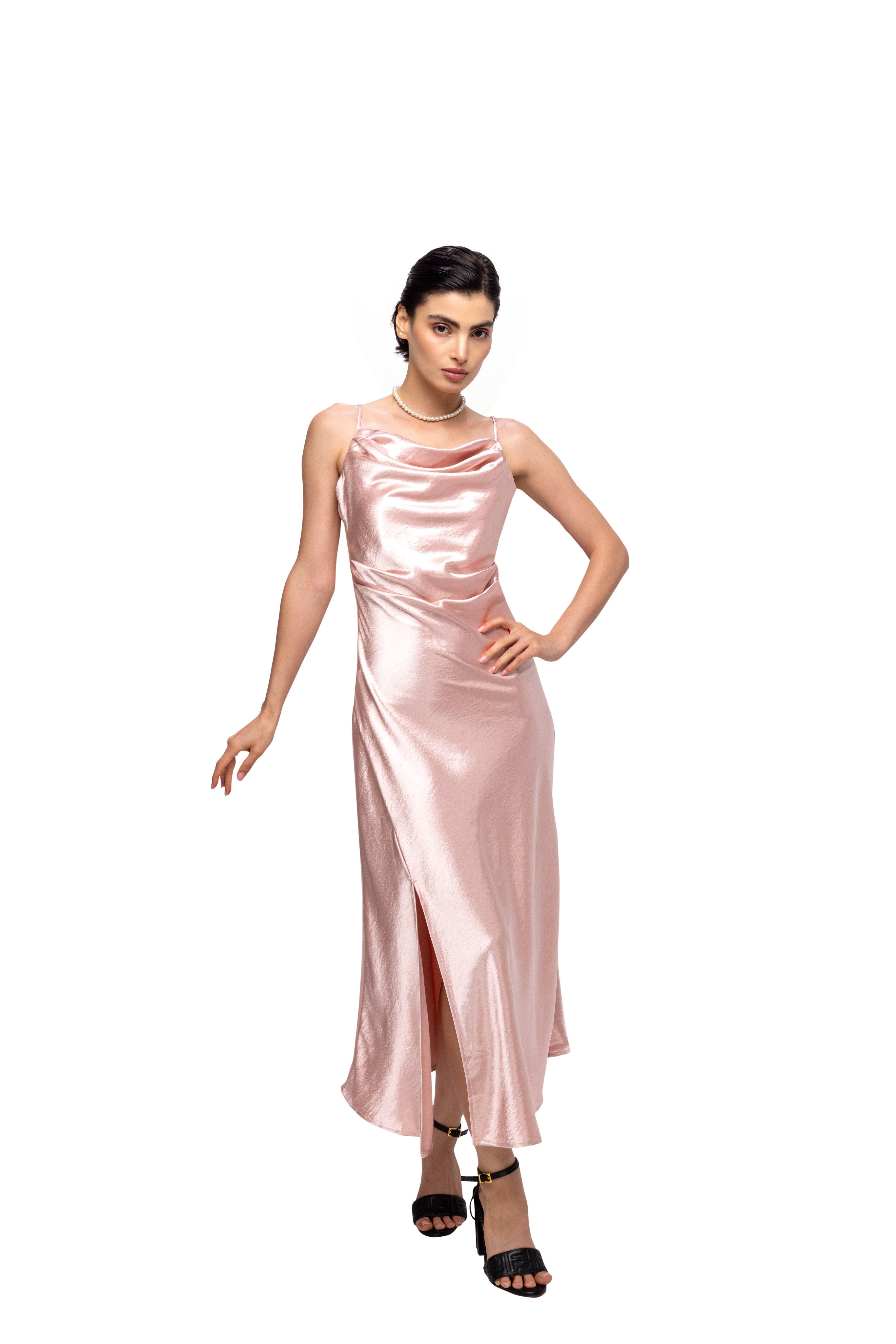 Solid Spaghetti Straps satin midi dress Pink