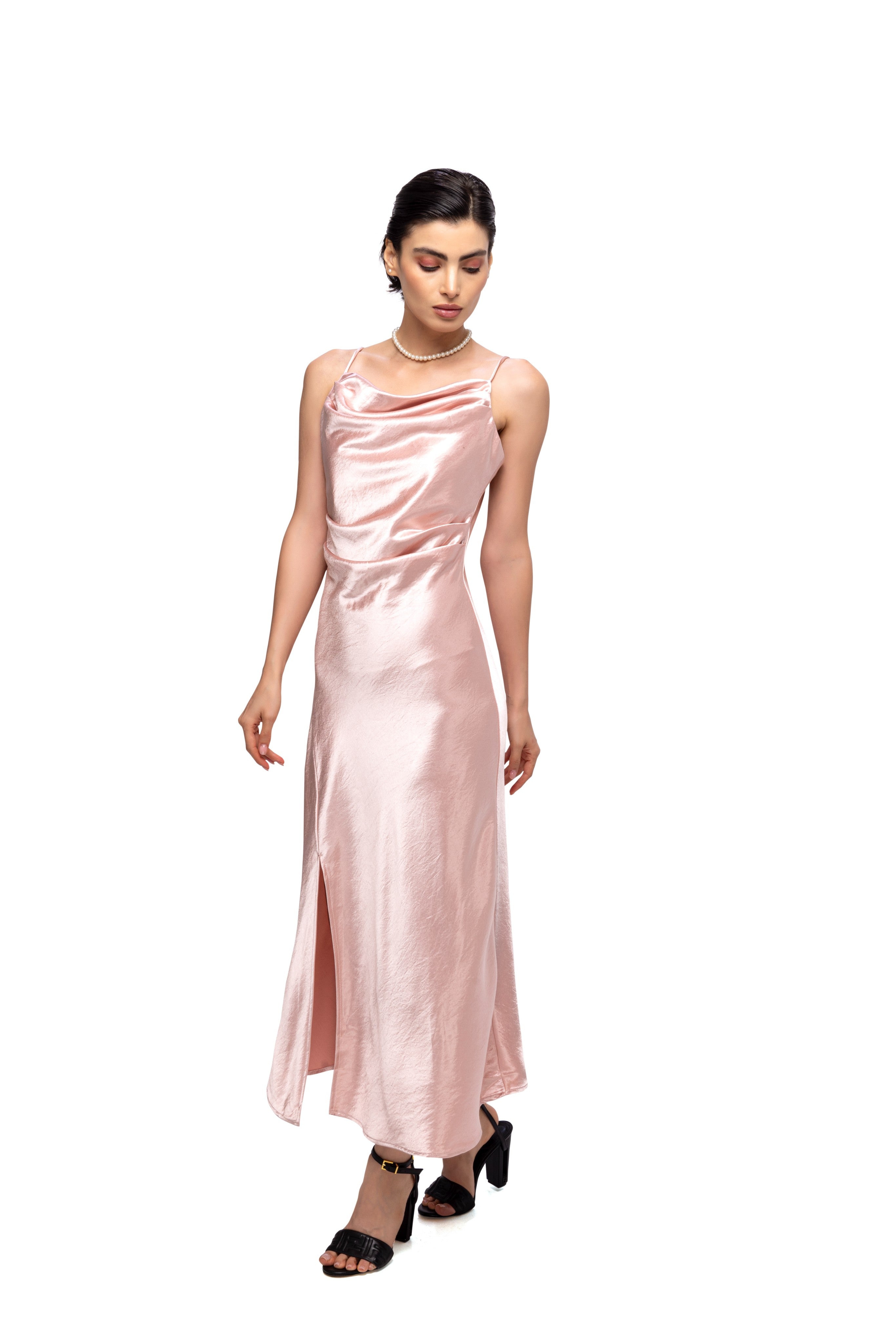 Solid Spaghetti Straps satin midi dress Pink