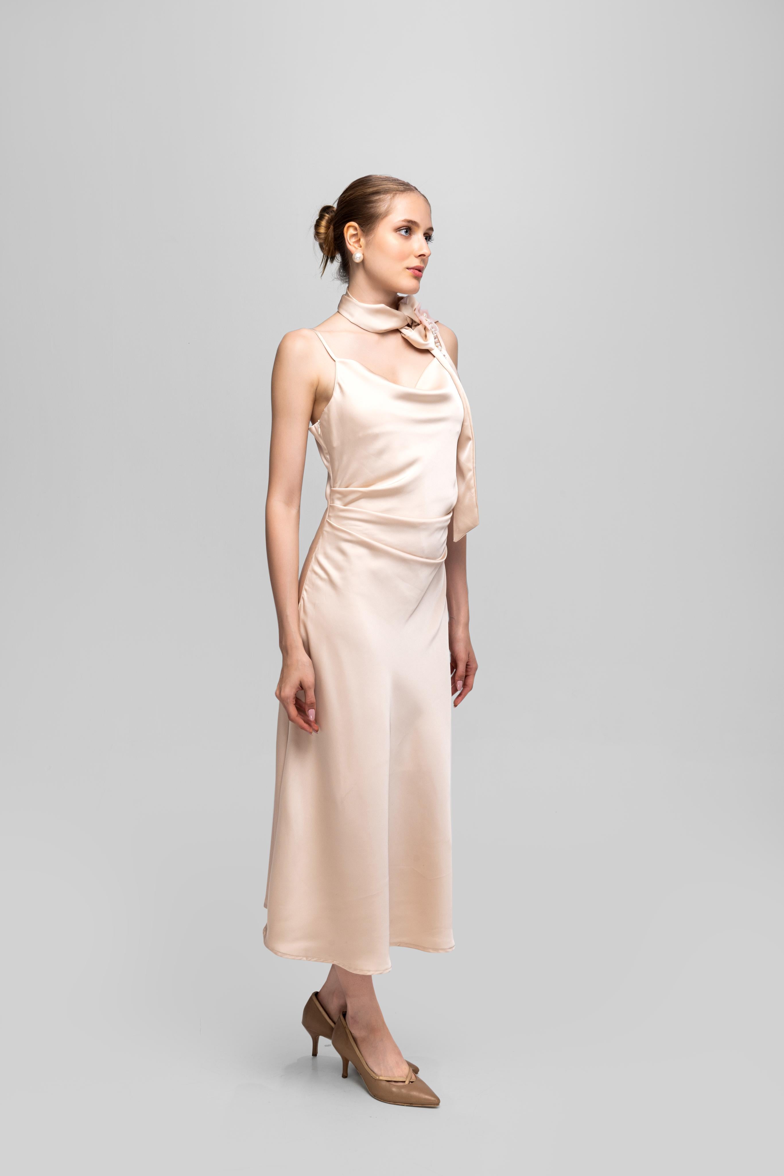 Solid Spaghetti Straps satin midi dress Off White