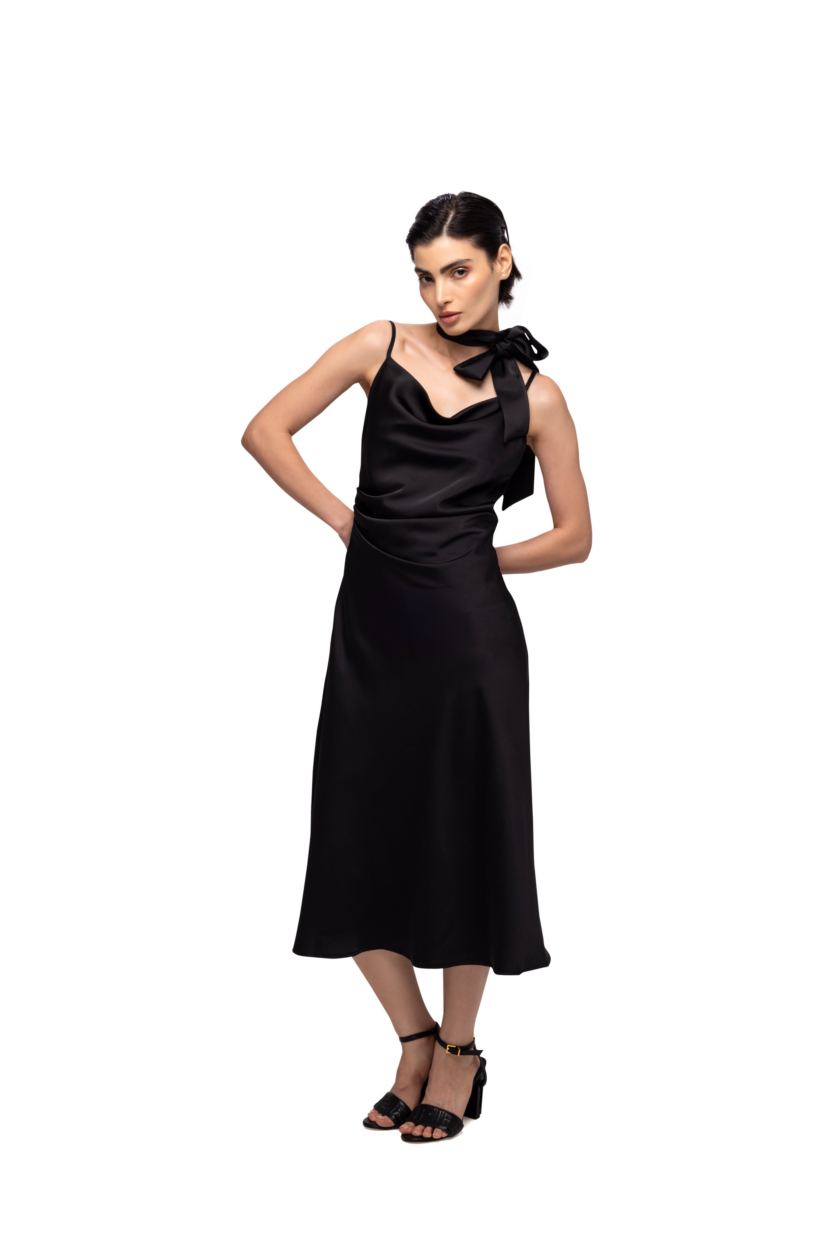 Solid Spaghetti Straps satin midi dress Black