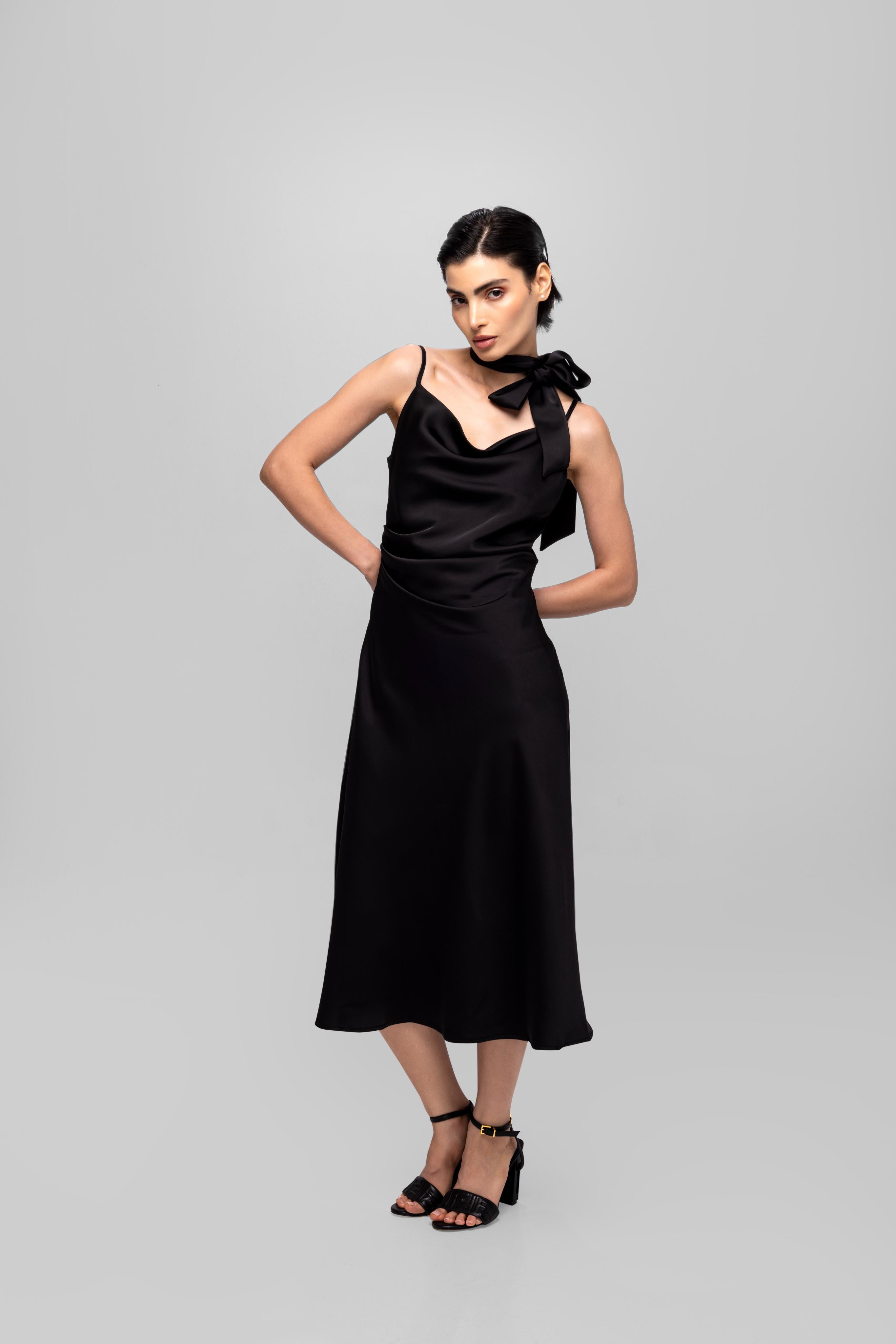 Solid Spaghetti Straps satin midi dress Black