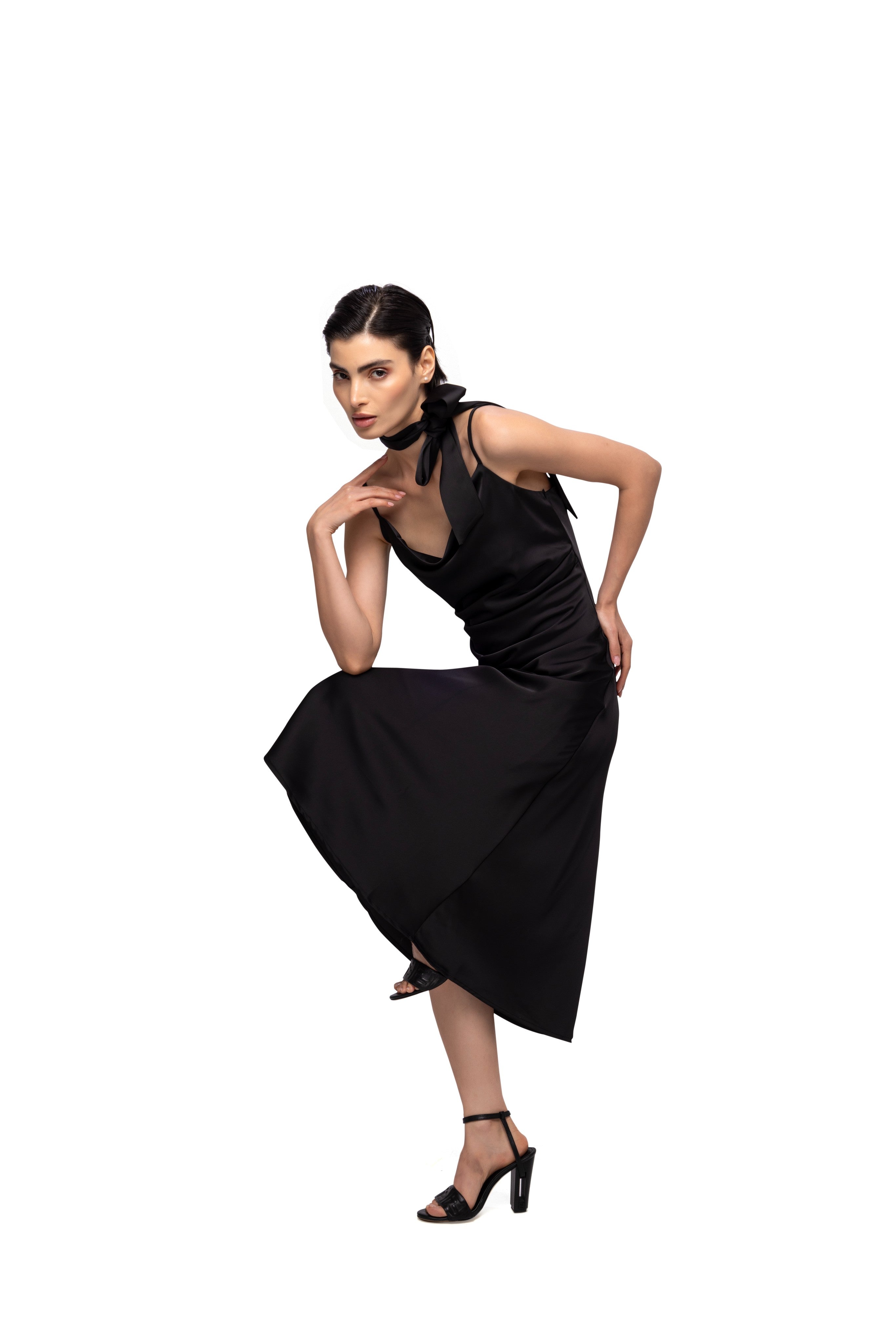 Solid Spaghetti Straps satin midi dress Black