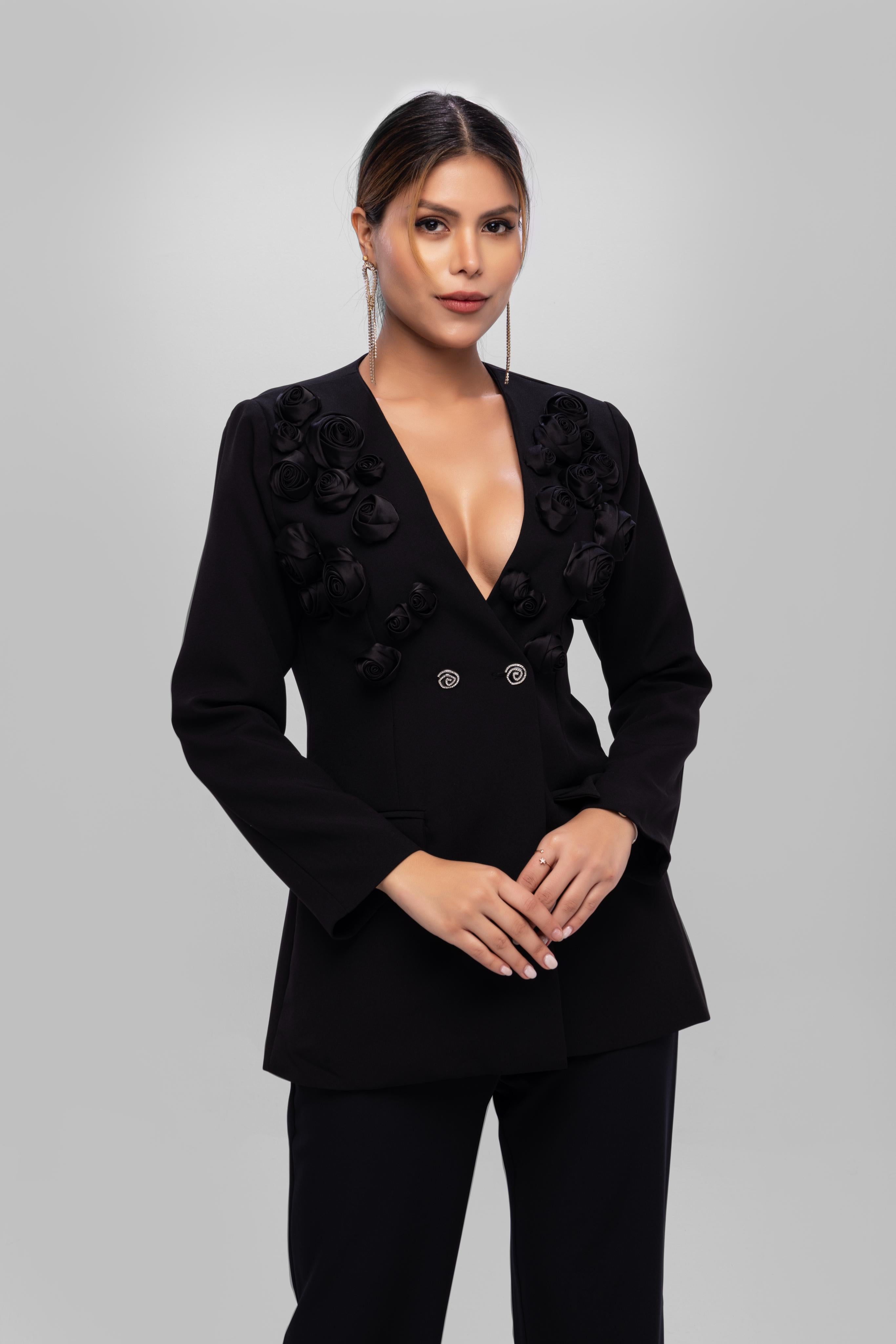 Solid fully lined lapel Collar long sleeve button closer suitset Black