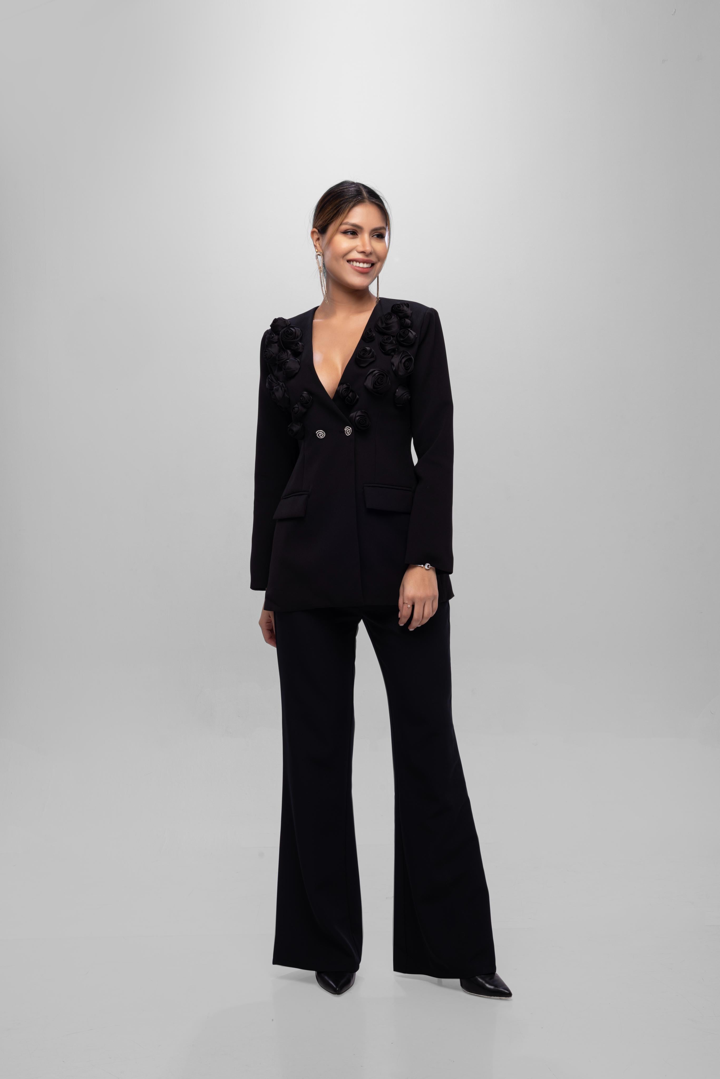 Solid fully lined lapel Collar long sleeve button closer suitset Black