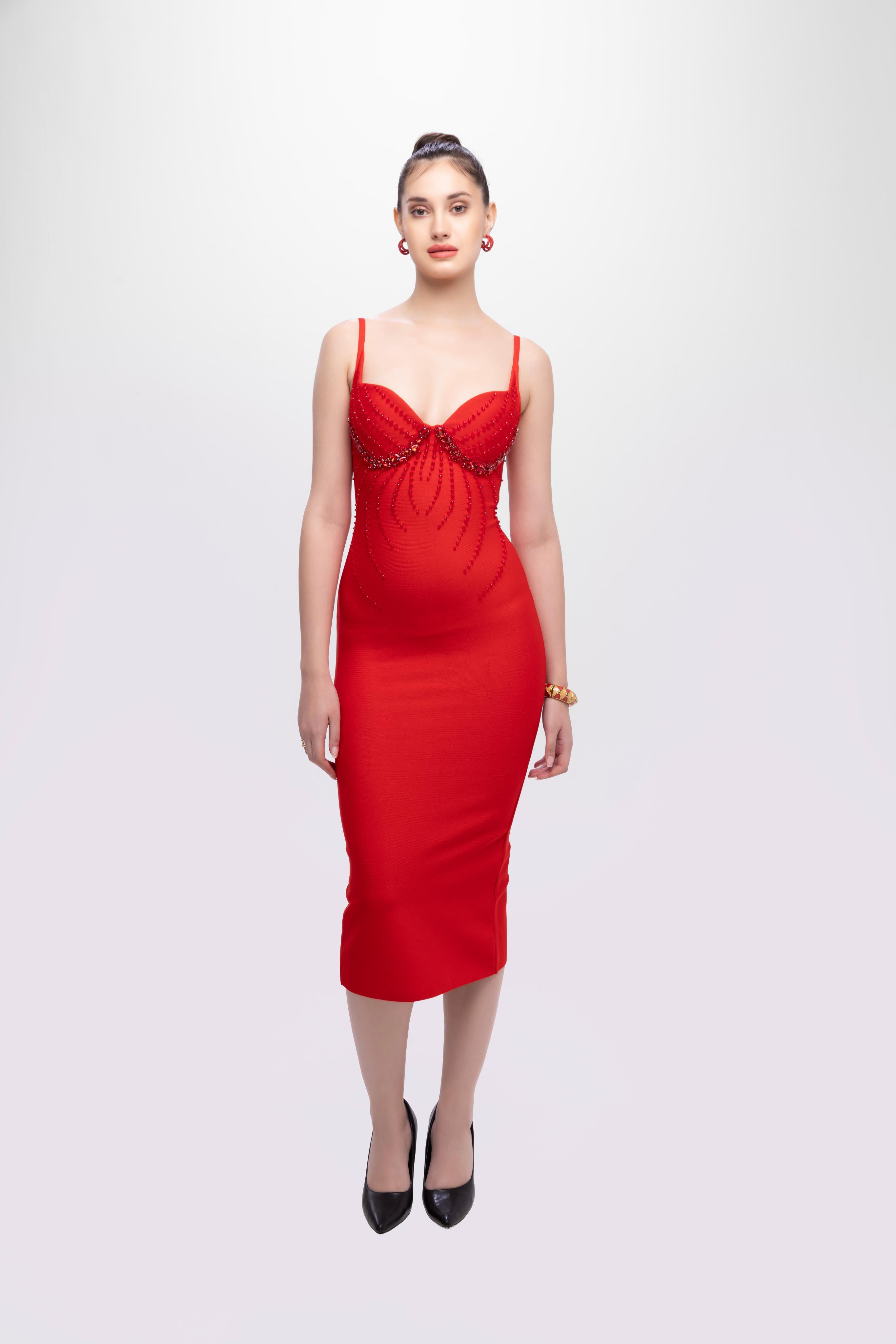 Rhinestone sleeve less midi dress Red