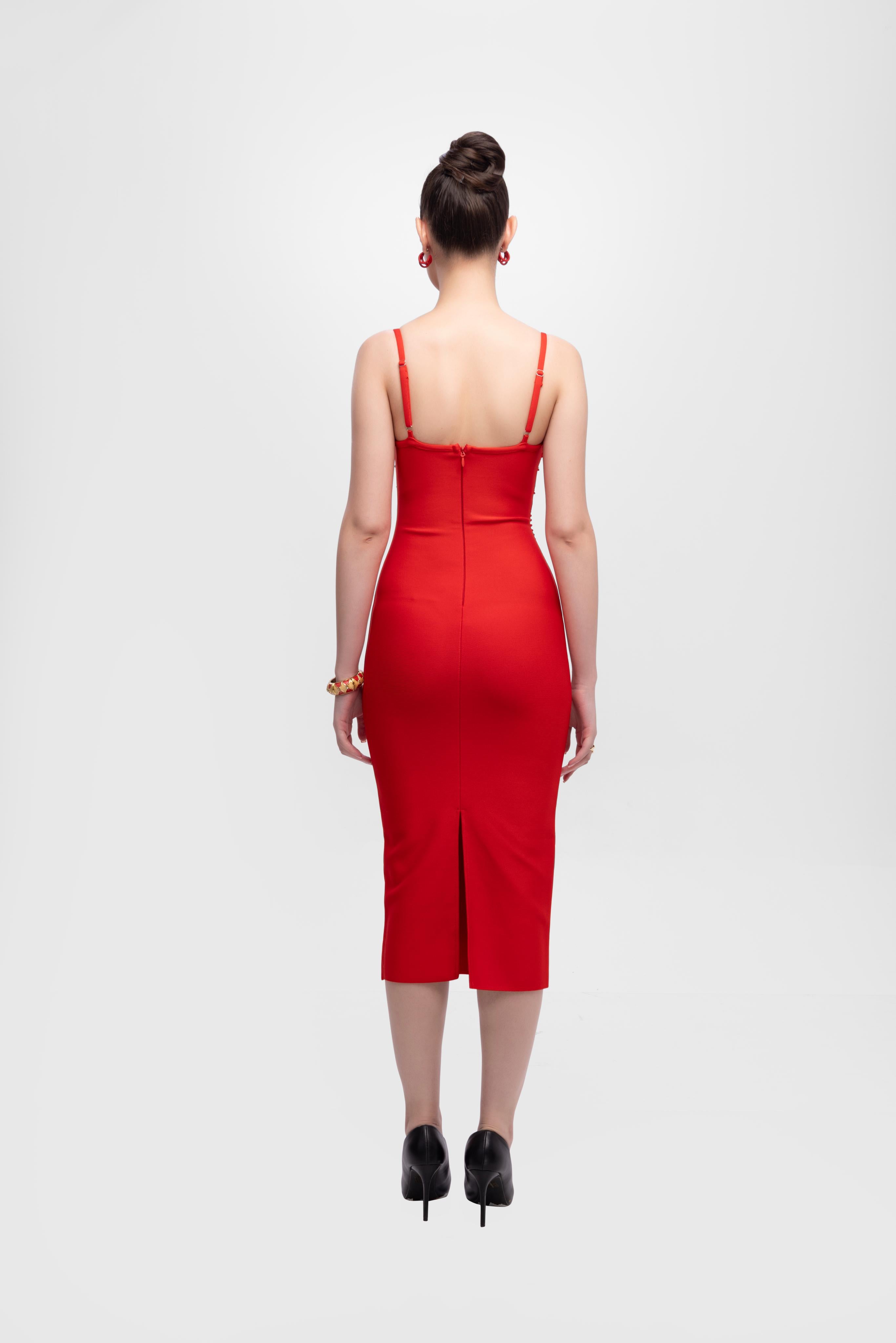 Rhinestone sleeve less midi dress Red