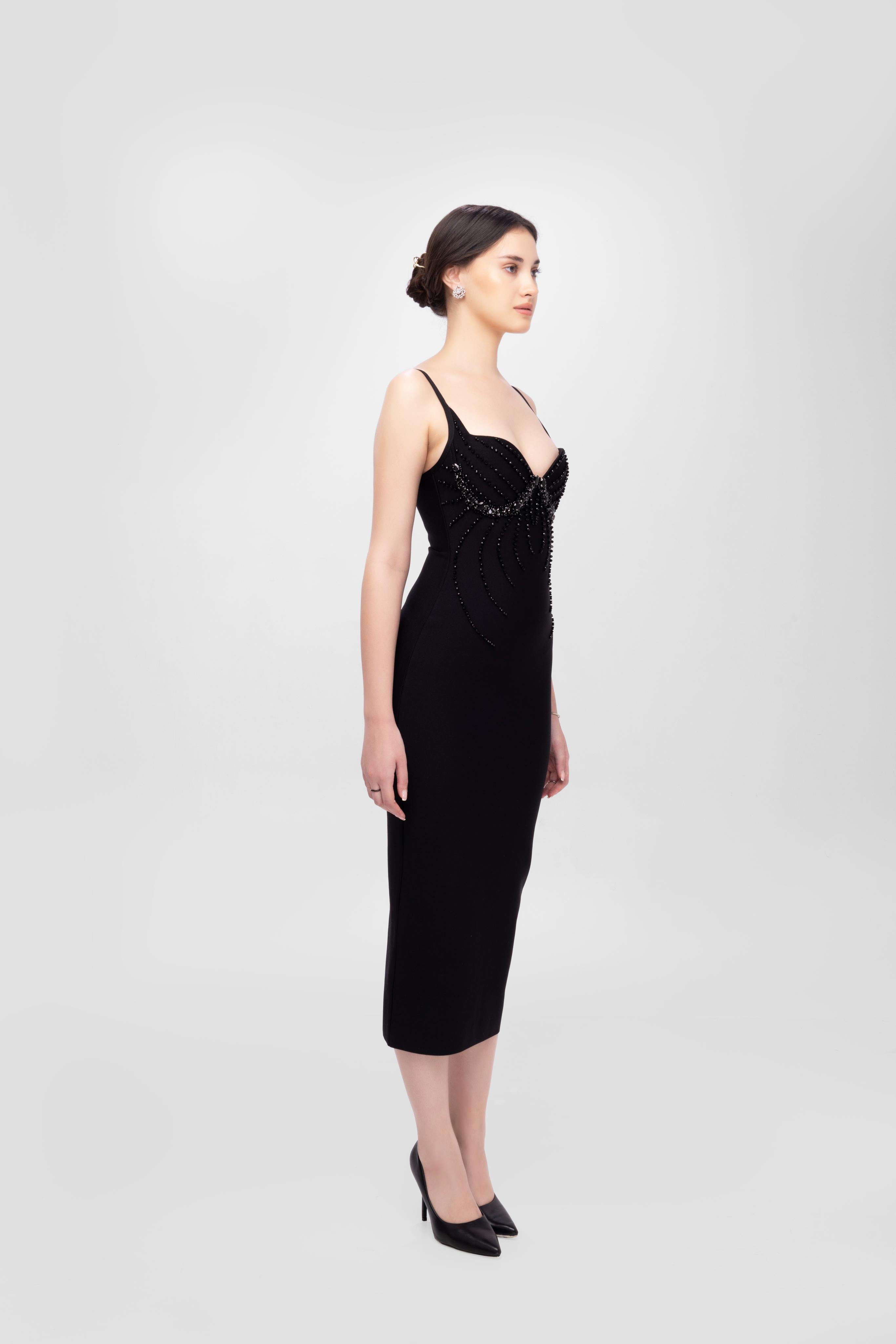 Rhinestone sleeve less midi dress Black