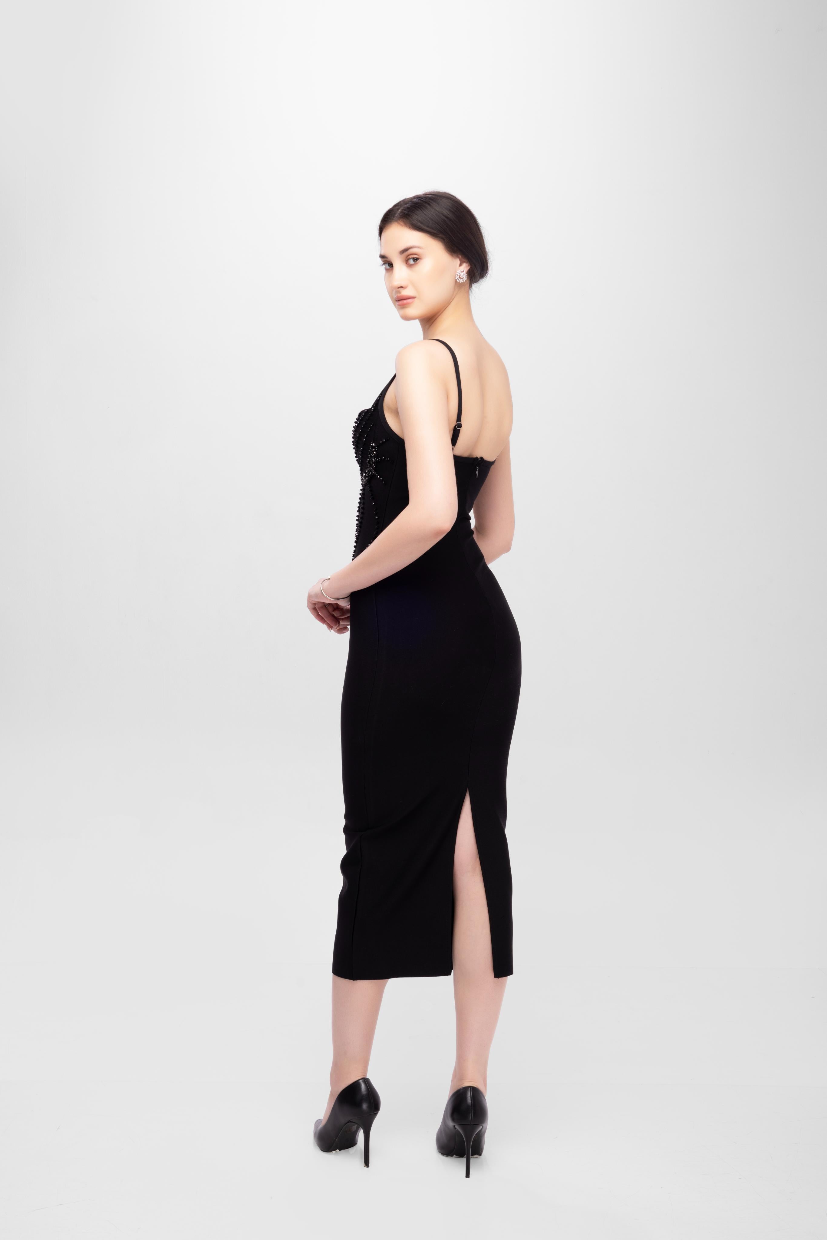 Rhinestone sleeve less midi dress Black