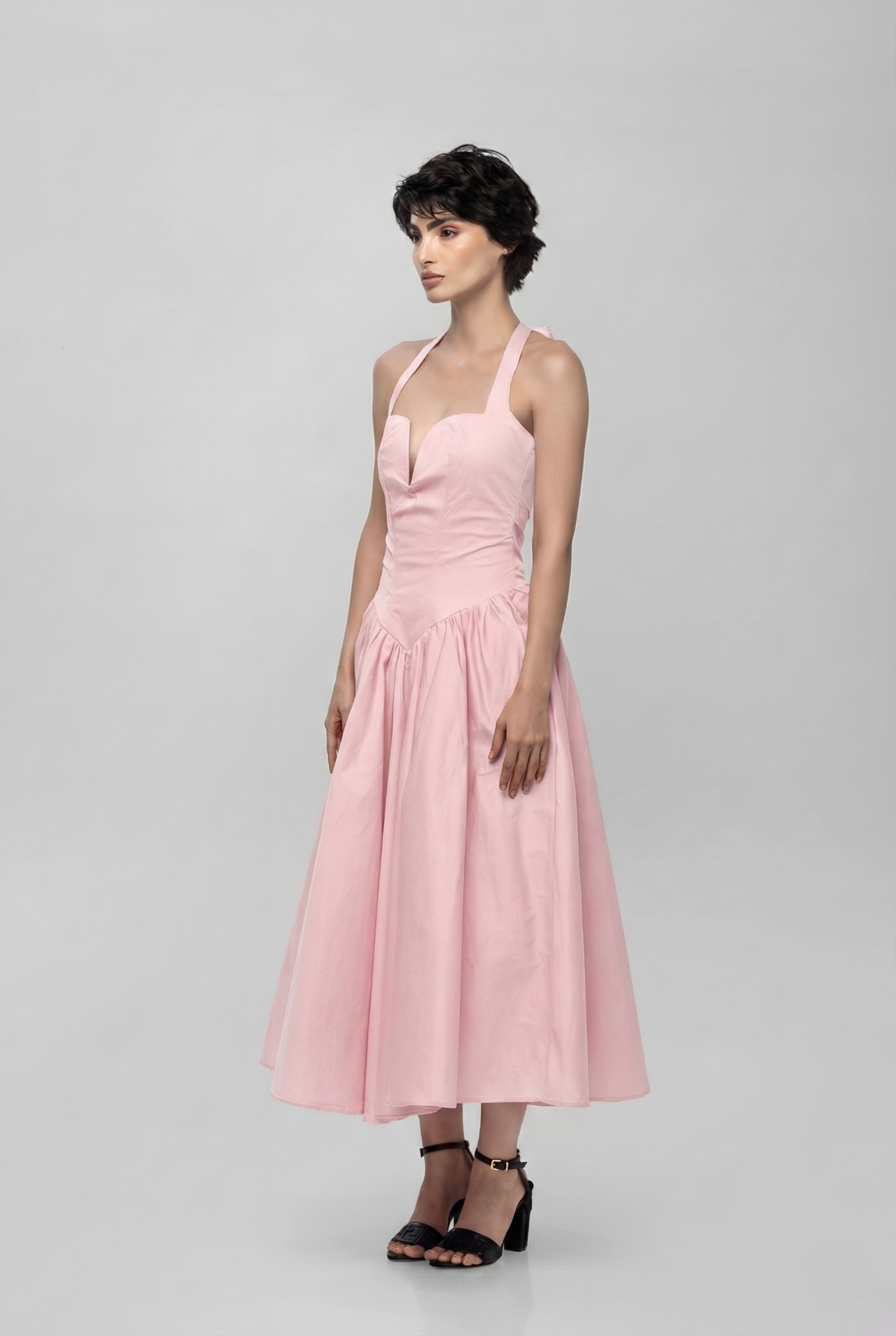 Solid halter neck long princess dress Pink