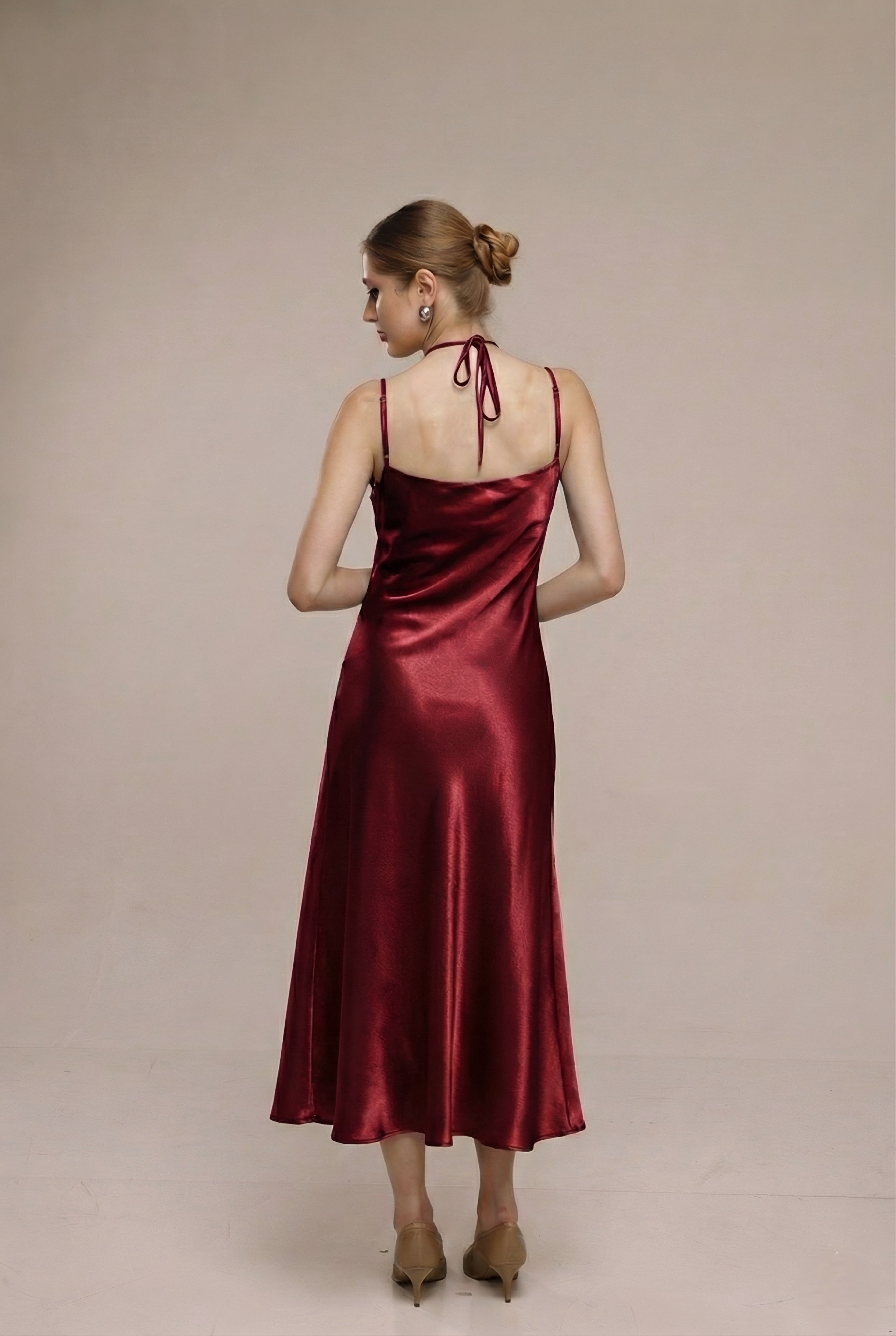 Solid Spaghetti Straps satin midi dress Red