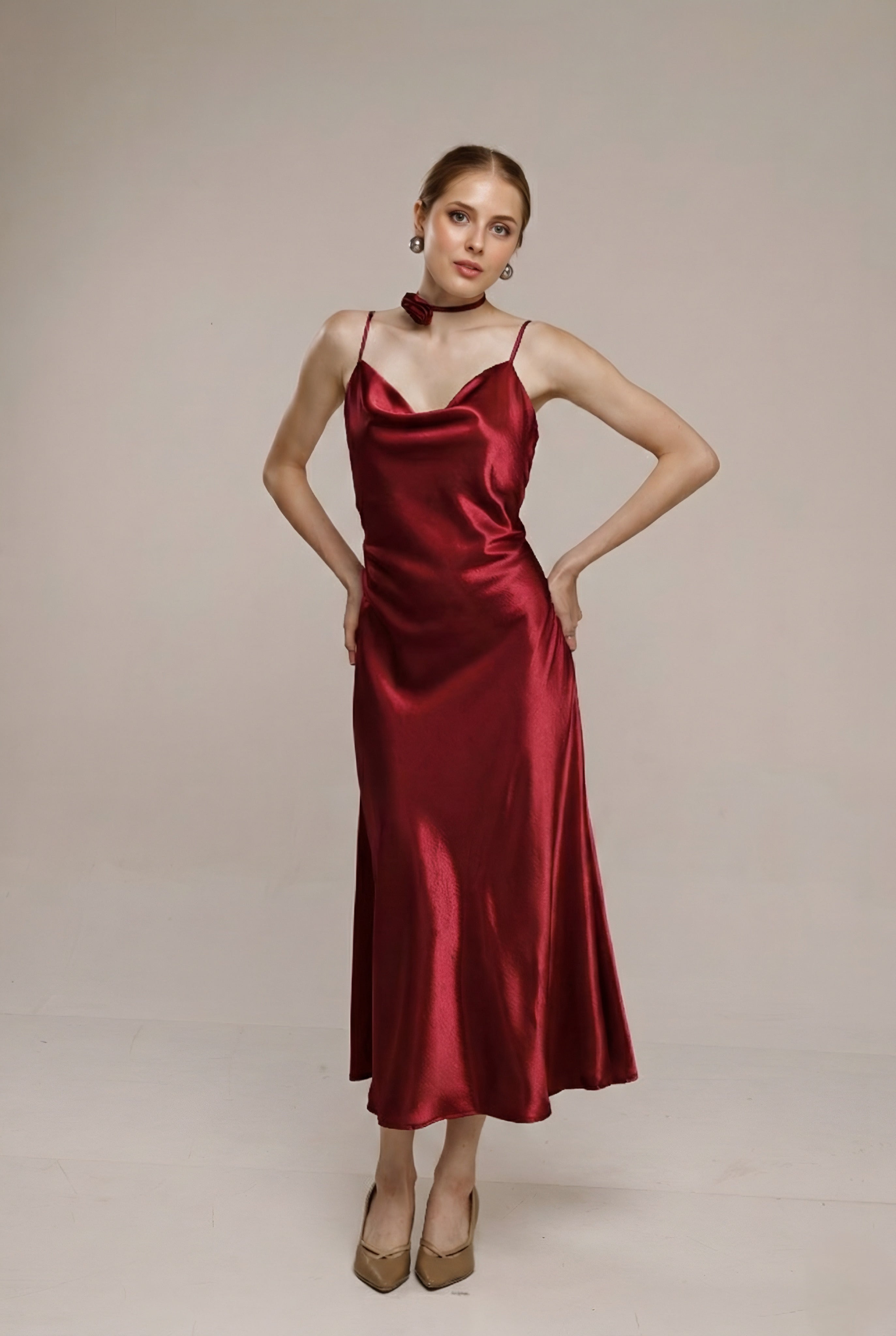 Solid Spaghetti Straps satin midi dress Red